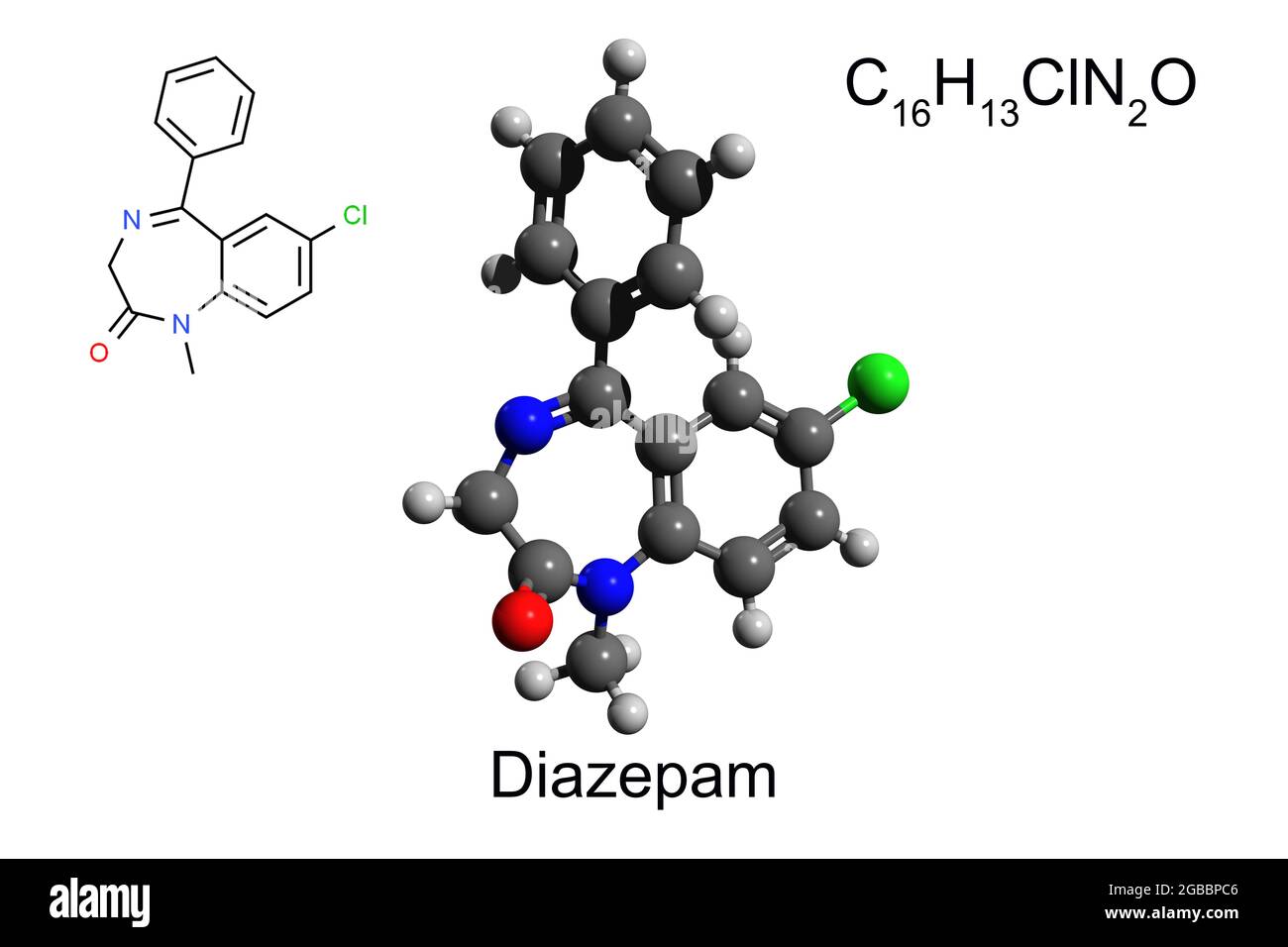 Formule chimique, formule squelettique et modèle 3D boule-et-bâton de médicament de benzodiazépine diazépam, fond blanc Banque D'Images