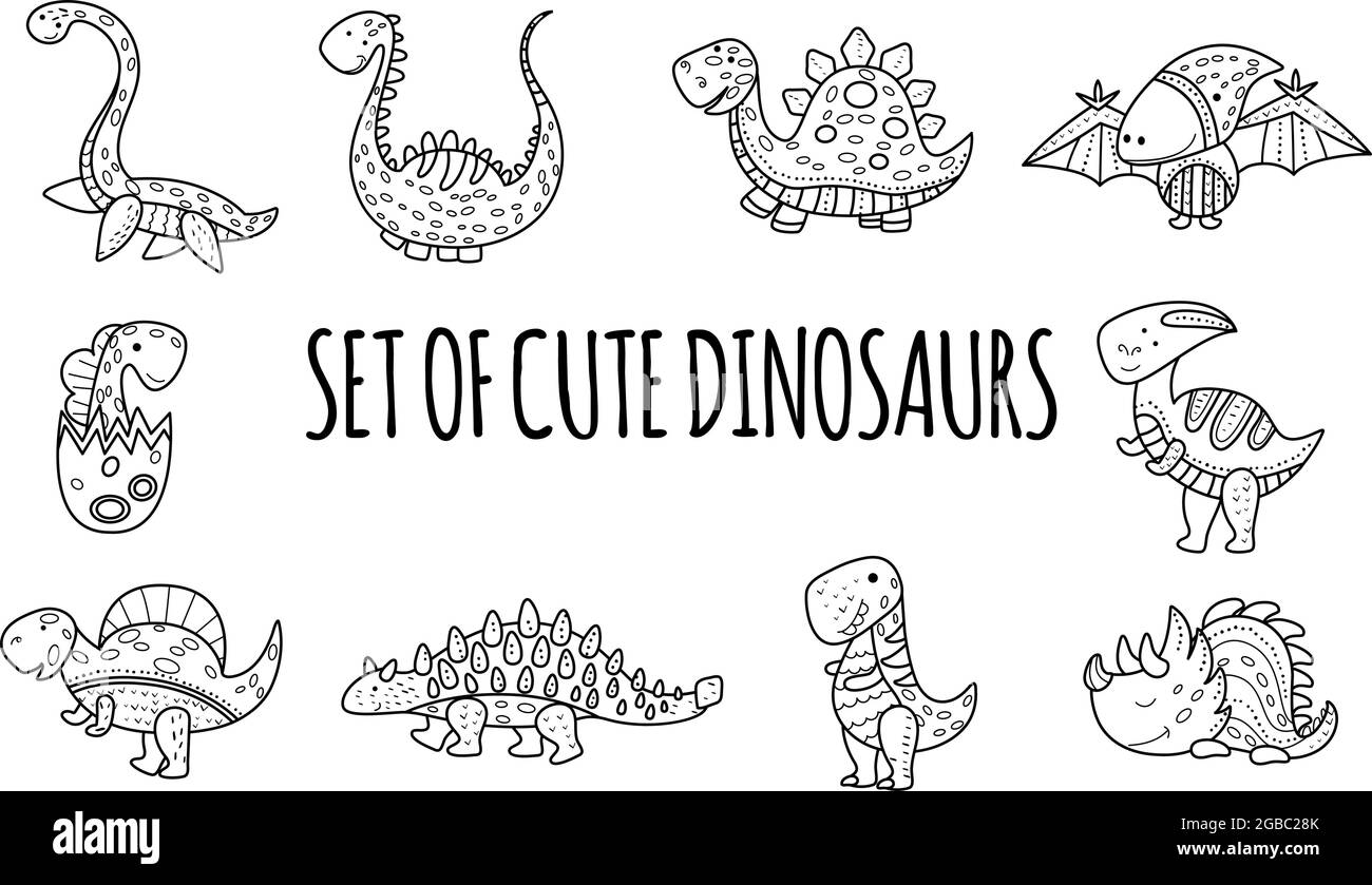 Un ensemble d'illustrations de dinosaures drôles mignons et drôles. Animaux jurassiques. Icônes de contour sur fond blanc. Pages de coloriage pour enfants a Illustration de Vecteur