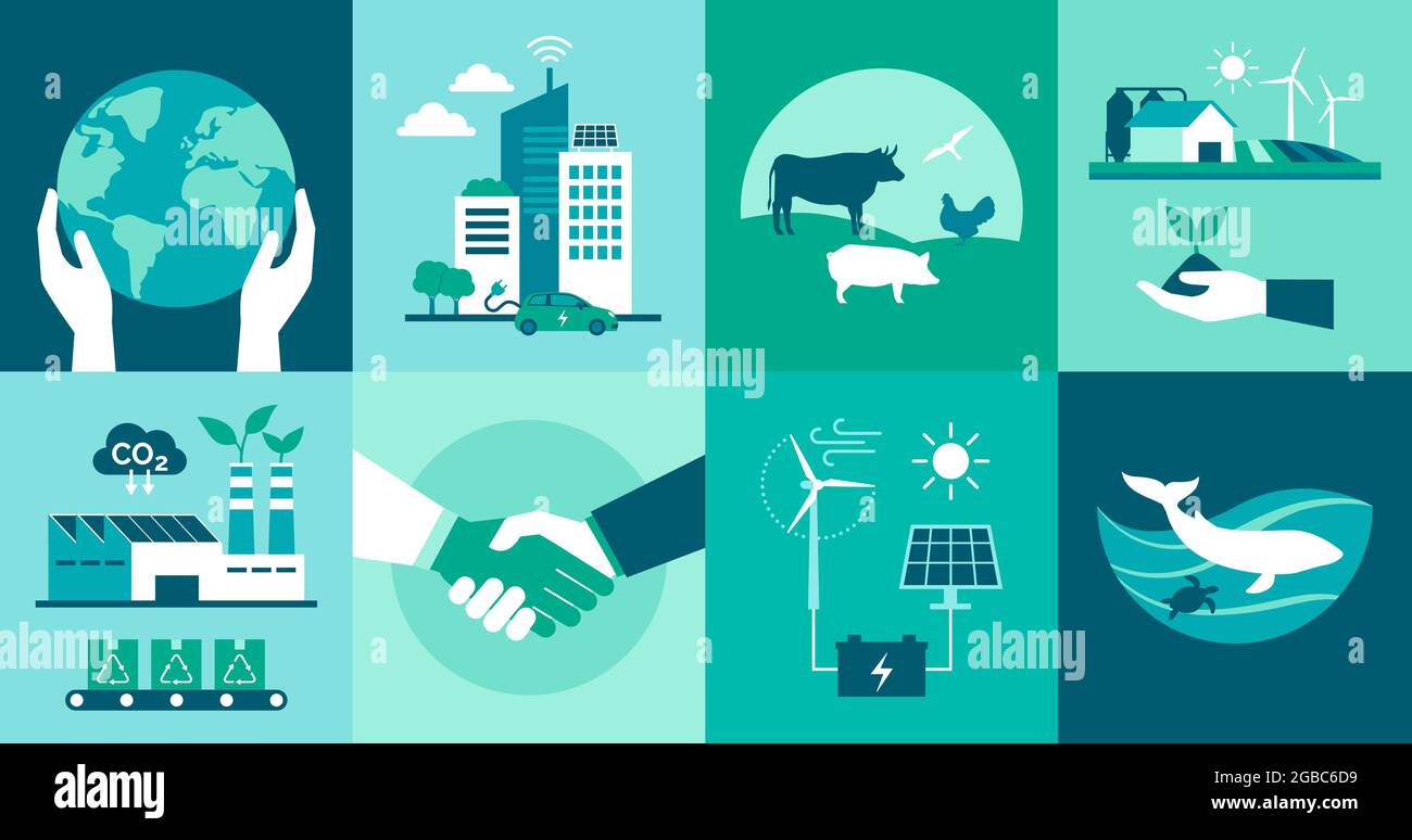 Ensemble d'icônes écologiques : protection de l'environnement, villes intelligentes, industrie et agriculture durables, bien-être des animaux et concept d'énergie renouvelable Illustration de Vecteur