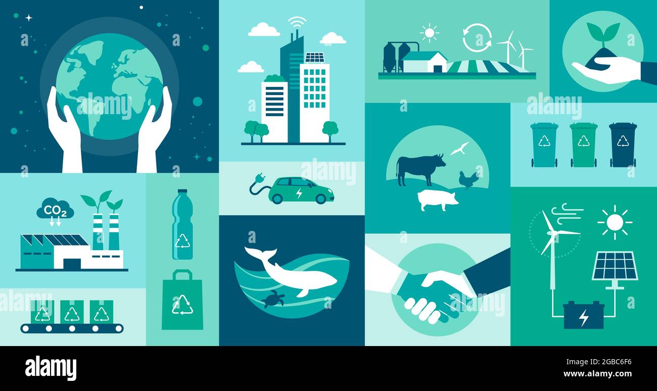 Ensemble d'icônes écologiques : protection de l'environnement, villes intelligentes, industrie et agriculture durables, bien-être des animaux et concept d'énergie renouvelable Illustration de Vecteur