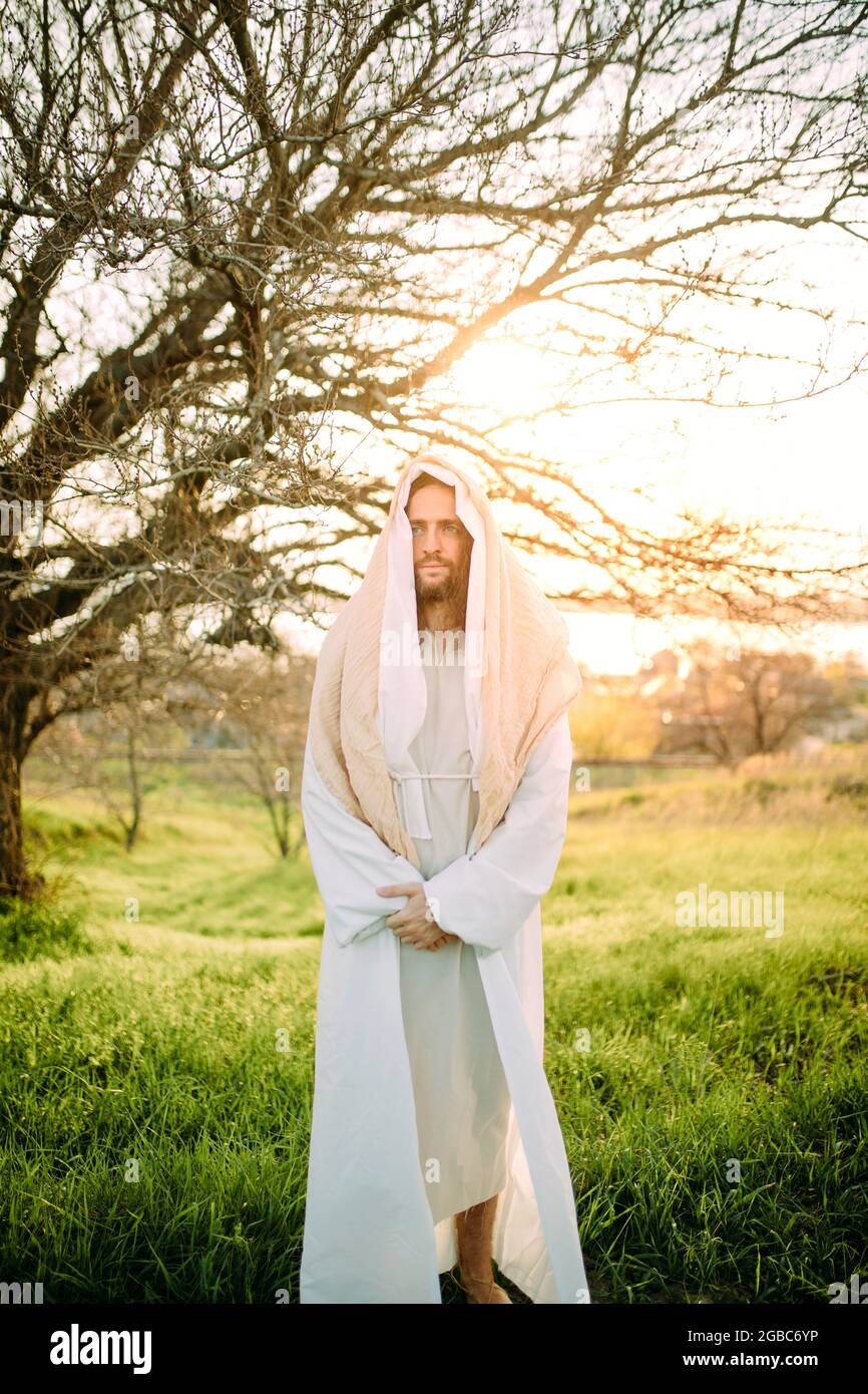 Jésus Christ debout dans la prairie vêtu de sa robe blanche traditionnelle  contre l'arbre et le coucher du soleil Photo Stock - Alamy
