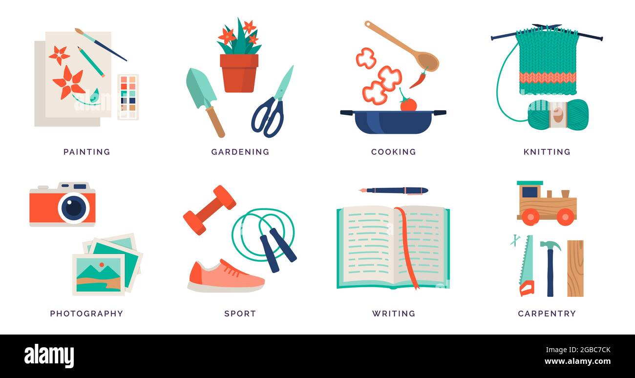 Idées de loisirs créatifs et activités récréatives que vous pouvez faire à la maison, icônes ensemble Illustration de Vecteur