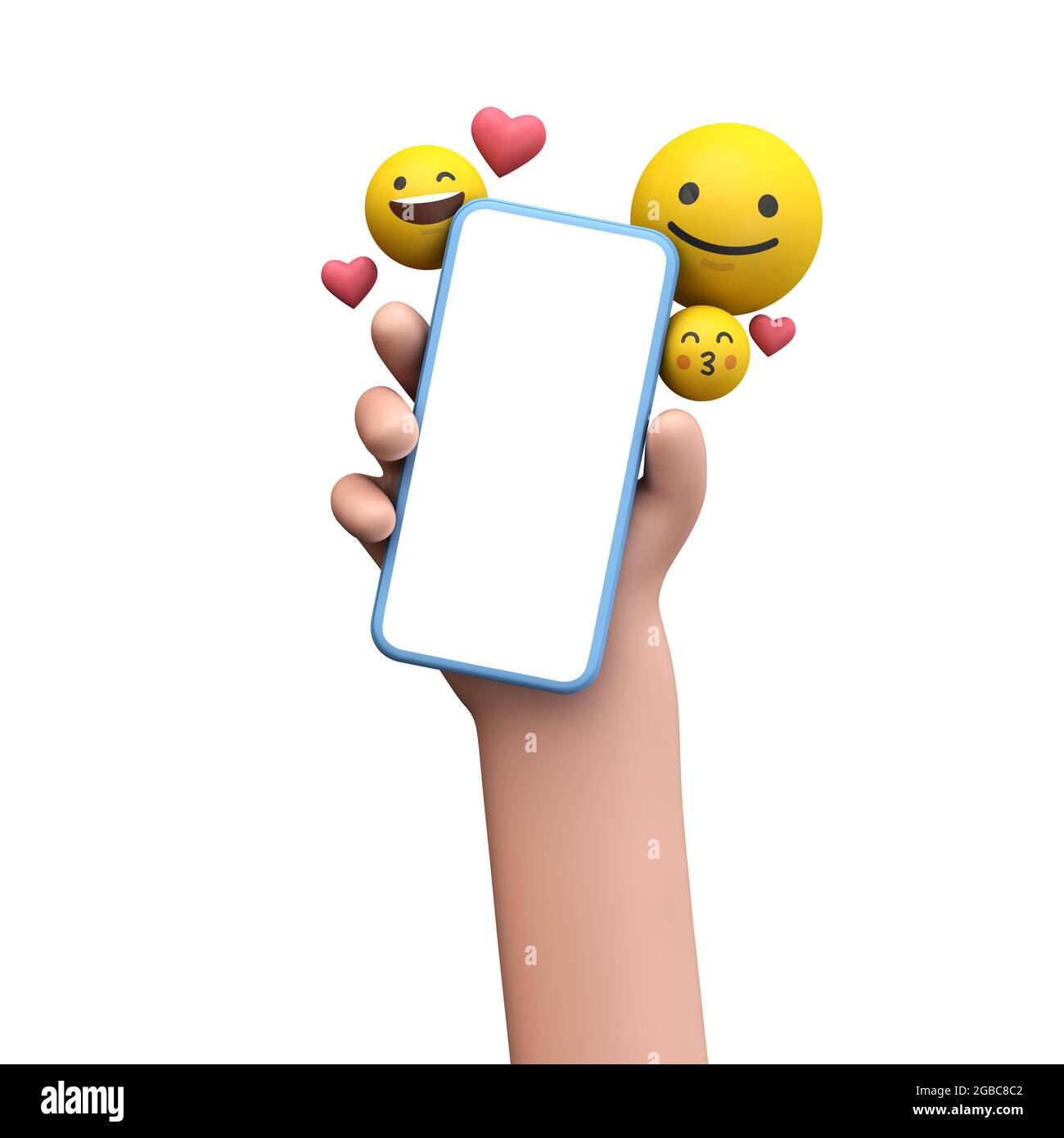 Personne tenant un smartphone avec des icônes de médias sociaux en ligne  emoji. Rendu 3D Photo Stock - Alamy