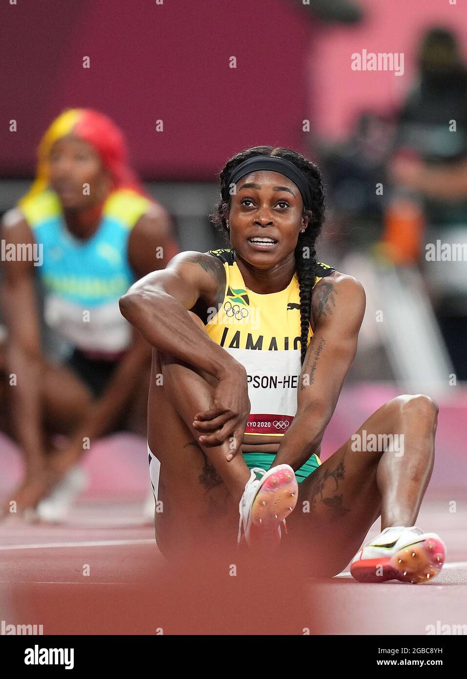 Tokyo, Japon. 3 août 2021. Elaine Thompson-Herah, de la Jamaïque, réagit lors de la finale féminine de 200 m aux Jeux Olympiques de Tokyo en 2020, à Tokyo, au Japon, le 3 août 2021. Crédit: Lui Siu Wai/Xinhua/Alay Live News Banque D'Images