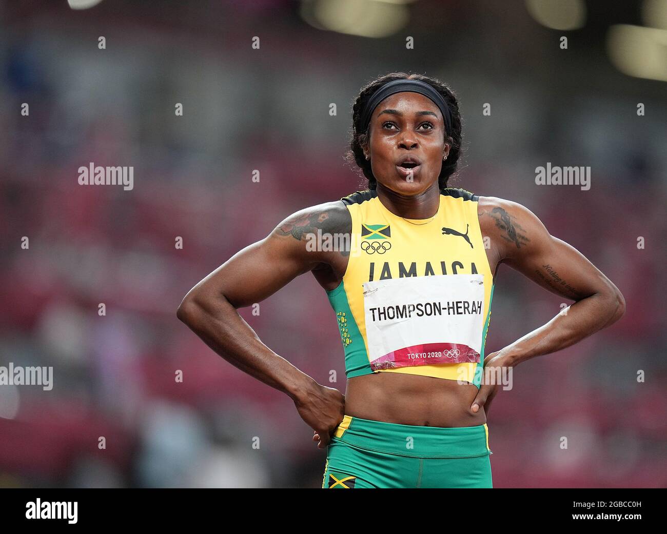 Tokyo, Japon. 3 août 2021. Elaine Thompson-Herah, de la Jamaïque, réagit lors de la finale féminine de 200 m aux Jeux Olympiques de Tokyo en 2020, à Tokyo, au Japon, le 3 août 2021. Crédit: Lui Siu Wai/Xinhua/Alay Live News Banque D'Images