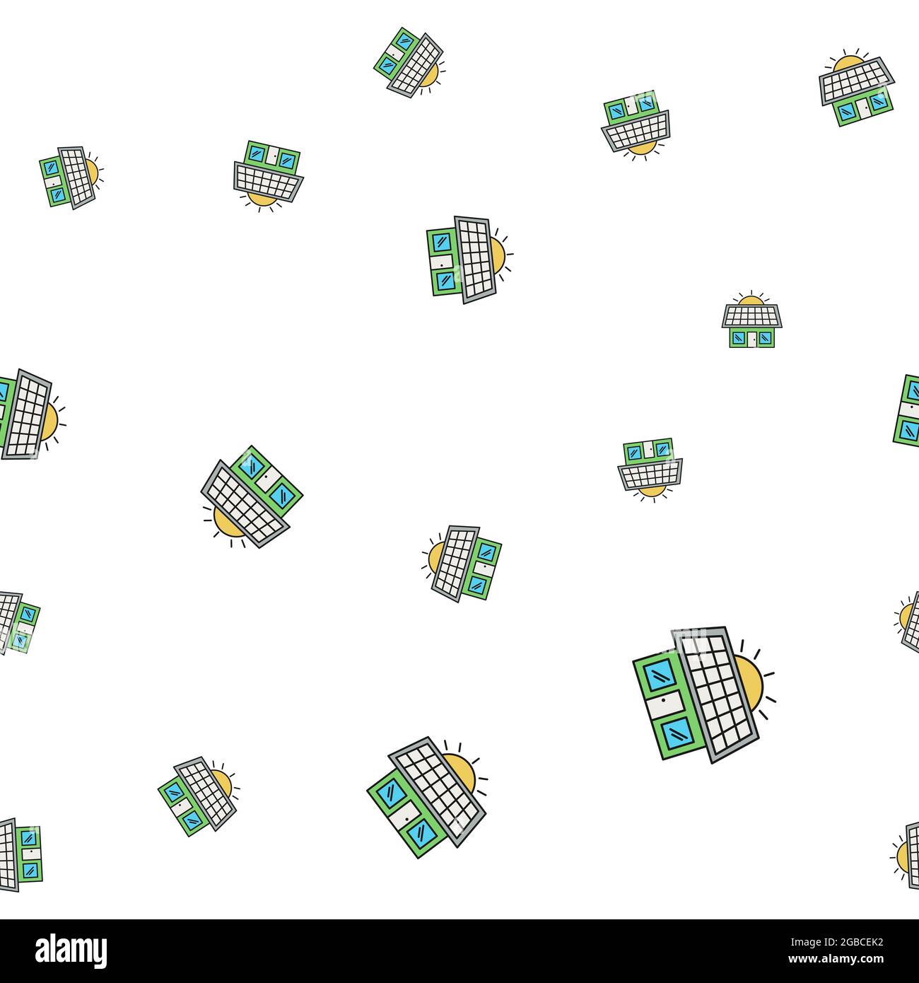 Motif transparent d'icônes écologiques. Maison avec panneau solaire. Isolé sur fond blanc. Illustration vectorielle. Banque D'Images
