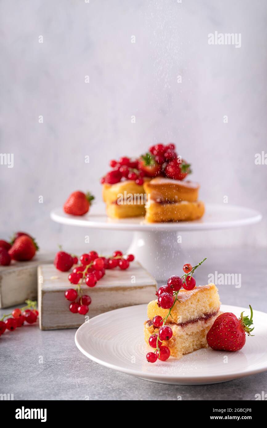 Génoise avec confiture de fraises et crème à la vanille décorée de cassis et de baies de forêt saupoudrées de sucre glace Banque D'Images