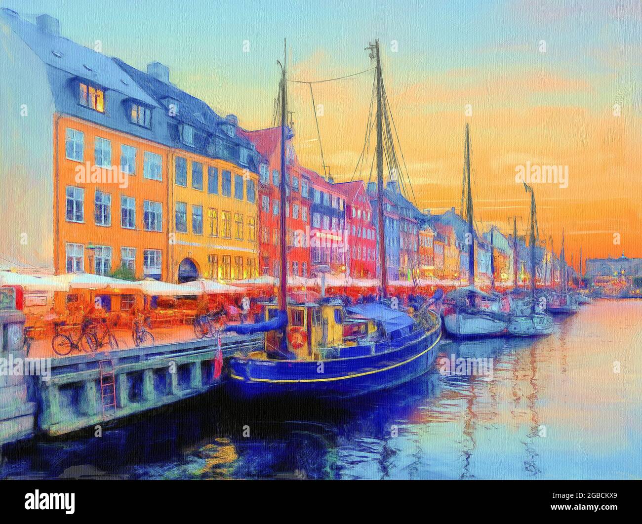 Petits navires et bateaux amarrés au port de Nyhavn, Copenhague Danemark, d'un aspect peint et texturé. Banque D'Images