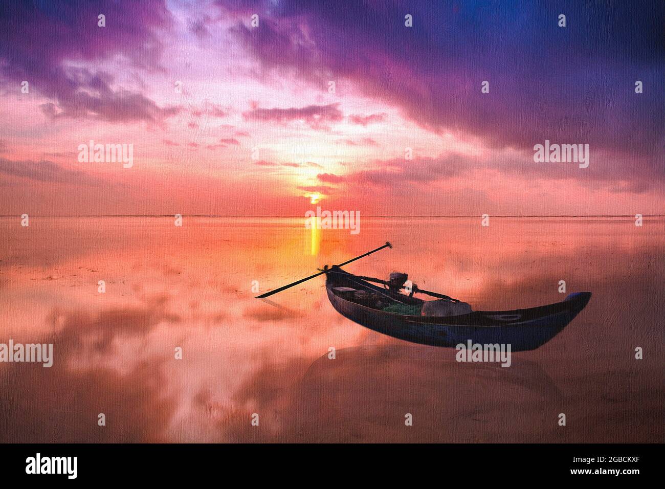 Petit bateau de pêche asiatique typique situé sur une mer calme contre un coucher de soleil spectaculaire. D'un aspect peint et texturé. Banque D'Images