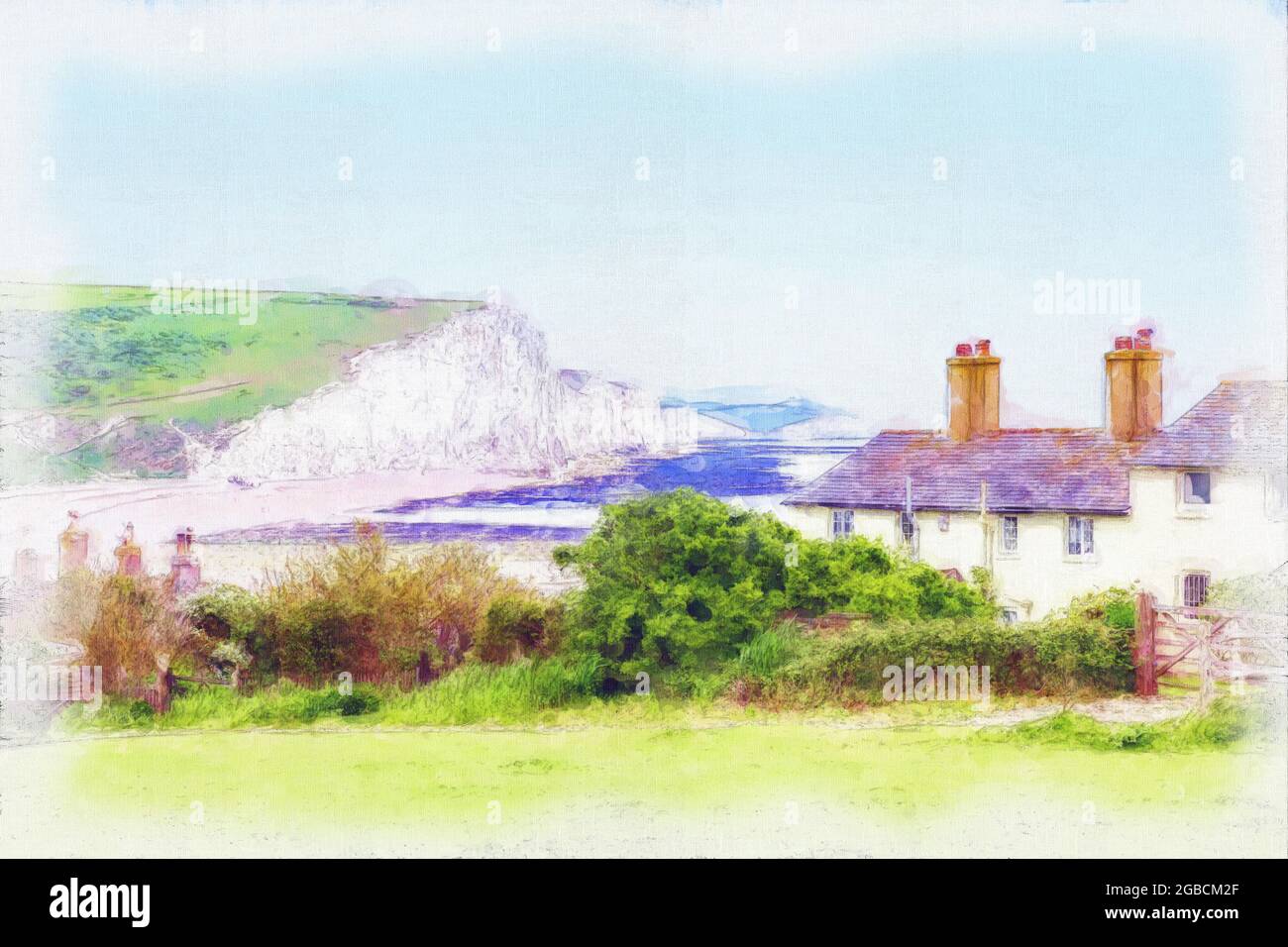 Vue sur les falaises de sept sœurs, de l'autre côté des chalets de garde-côtes, Cuckmere Haven, East Sussex. Effet peint avec texture ajoutée. Banque D'Images