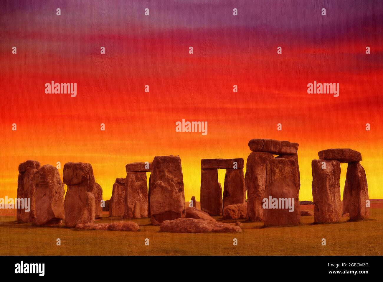 Stonehenge au lever du soleil sur la plaine de Salisbury, Wiltshire, Angleterre. D'un aspect peint et texturé. Banque D'Images
