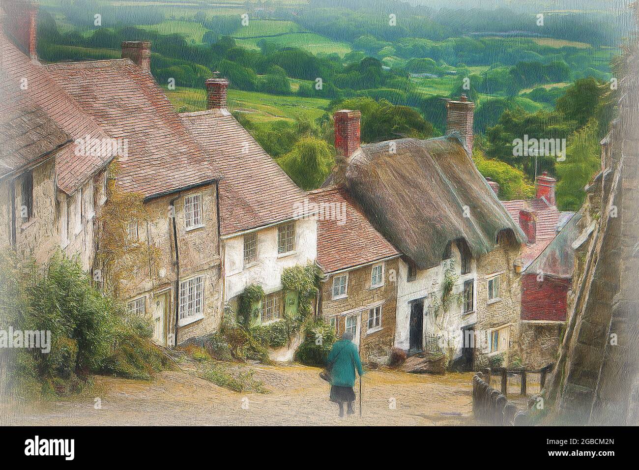 Gold Hill dans Shaftesbury Dorset, rendu célèbre par la publicité Hovis de quelques années. Avec une finition peinte et texturée. Banque D'Images