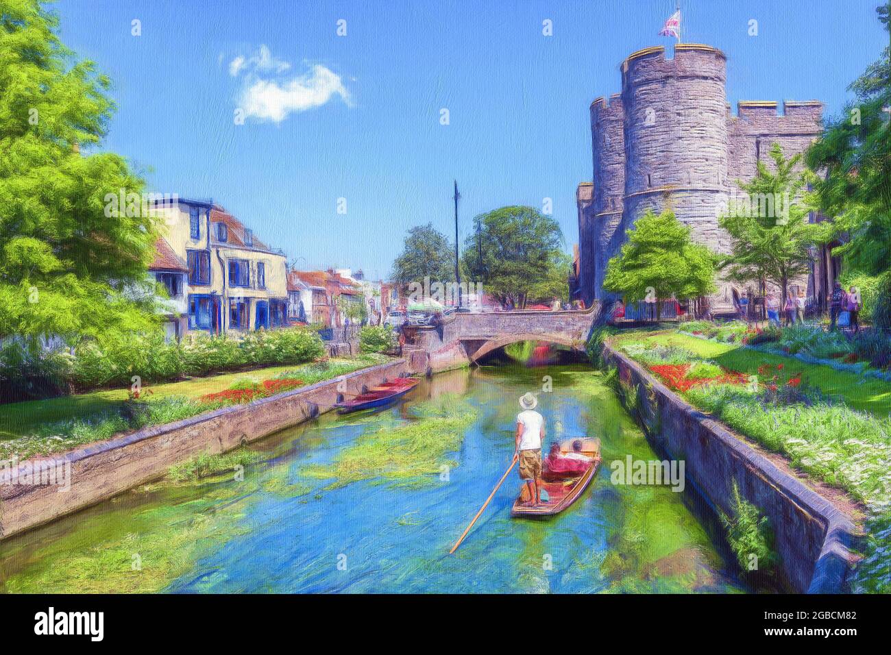 En train de se délder sur la grande rivière stour, Canterbury Kent qui traverse les jardins de Westgate jusqu'à la tour de Westgate. D'un aspect peint et texturé Banque D'Images