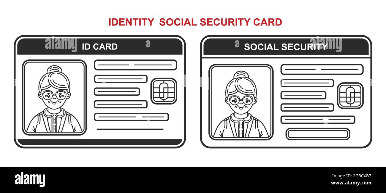 Identification ID carte d'assurance sociale jeu d'icônes. Personne qui retire son identité. Documenter avec des données personnelles. Grand-mère. Vecteur de paiement de retraite Illustration de Vecteur