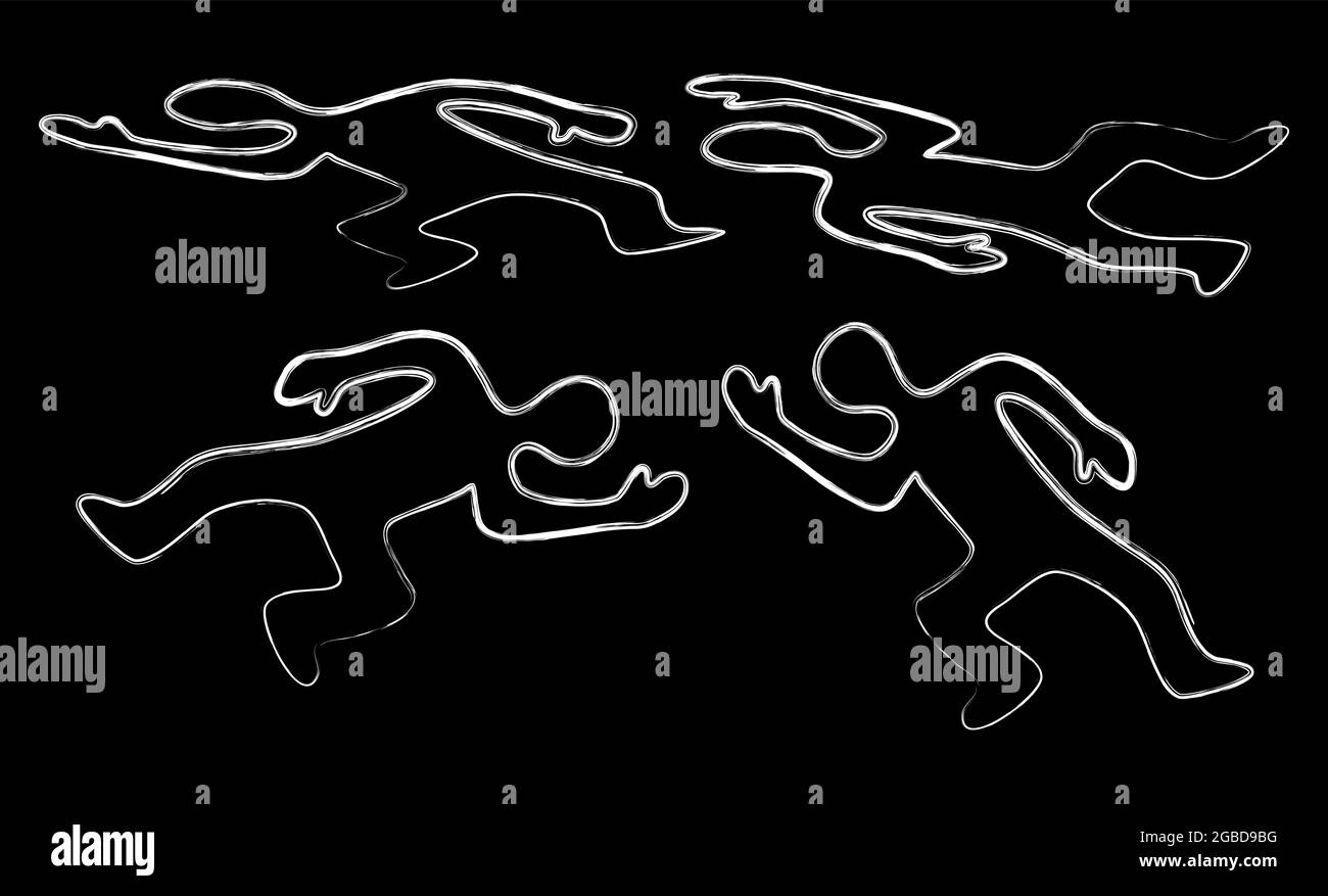 Ensemble d'icônes de corps mort. Contour de craie de figure de victime de meurtre. Symbole humain tué isolé sur noir. Illustration de la criminalité vectorielle. Illustration de Vecteur