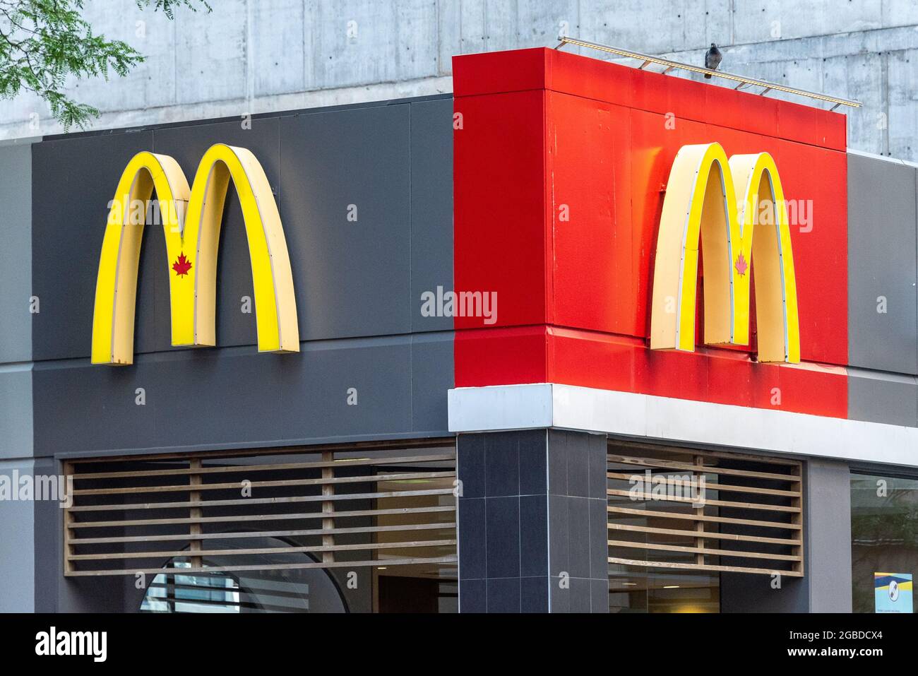 Logo ou enseigne d'affaires de McDonalds dans un magasin situé dans la rue Yonge, dans la ville de Toronto, au Canada. Banque D'Images