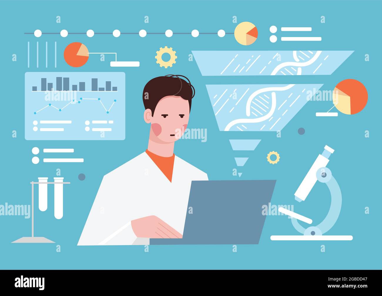 Homme scientifique dans l'illustration vectorielle de laboratoire. Chercheur effectuant des recherches sur les molécules d'adn avec un microscope en conception plate en laboratoire. Science Illustration de Vecteur