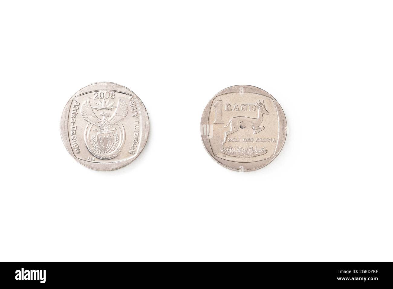 Une monnaie sud-africaine Rand isolée sur fond blanc avec un masque de découpe Banque D'Images