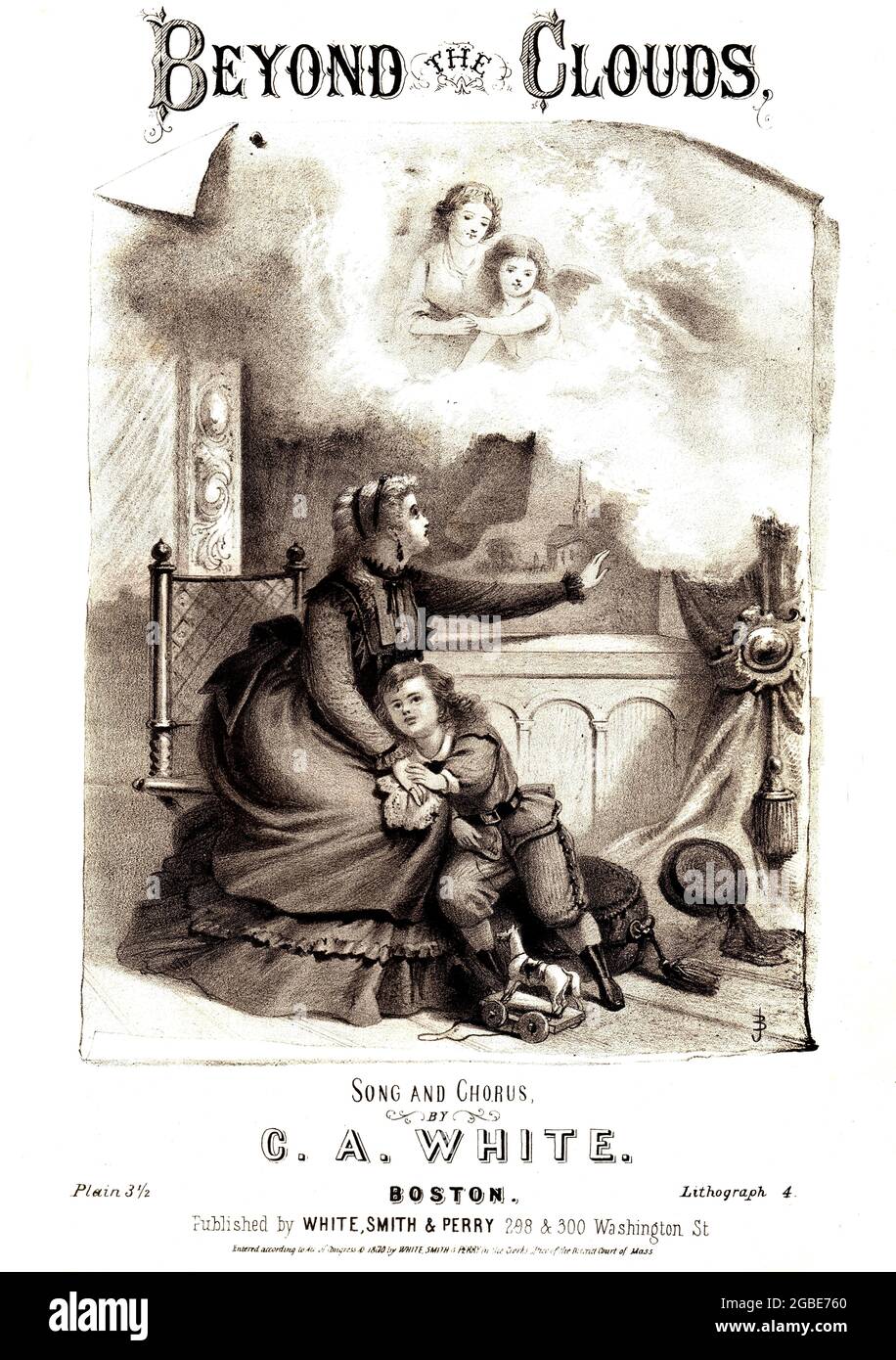 Au-delà des nuages, 1880 partitions une femme et un enfant s'estimant lésés de la mort d'un autre enfant.comme les anges entourent le petit rif dans le ciel. Banque D'Images