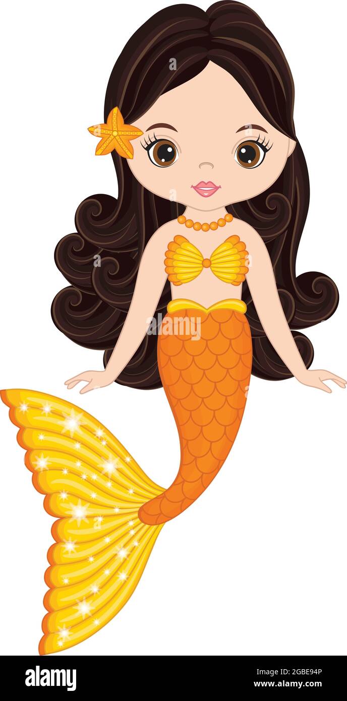 Belle Sirene Avec Queue De Poisson Orange Et Cheveux Longs Vecteur Mignonne Sirene Image Vectorielle Stock Alamy