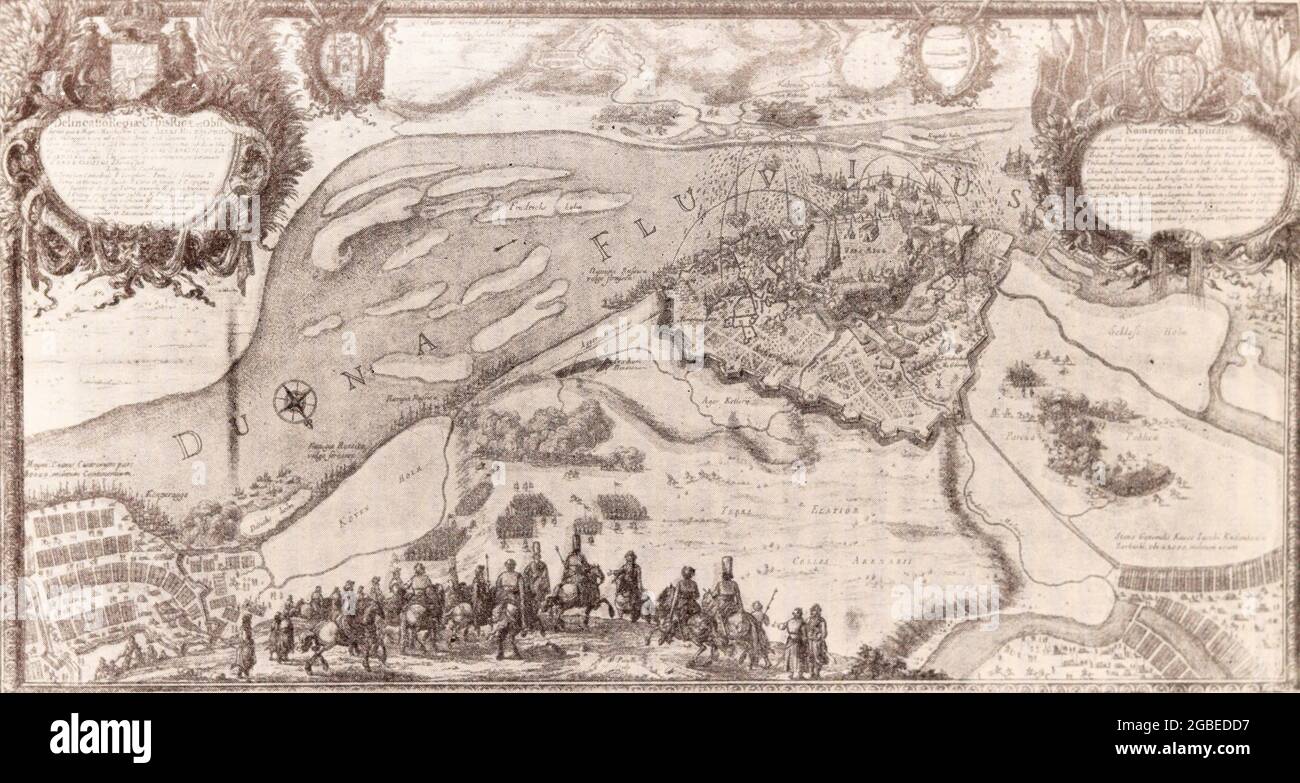 Siège de Riga par les troupes russes en 1656. Gravure du XVIIe siècle. Banque D'Images