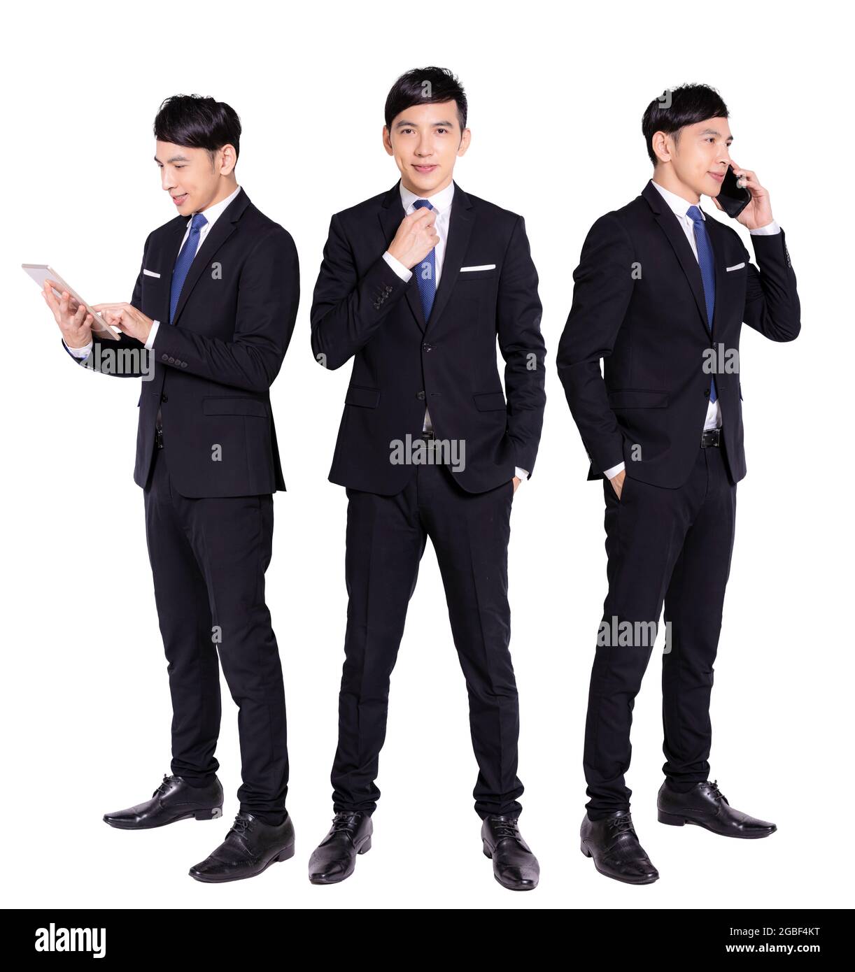 Pleine longueur d'homme d'affaires. Homme d'affaires avec tablette. Homme d'affaires parlant sur téléphone mobile. Isolé sur fond blanc. Banque D'Images