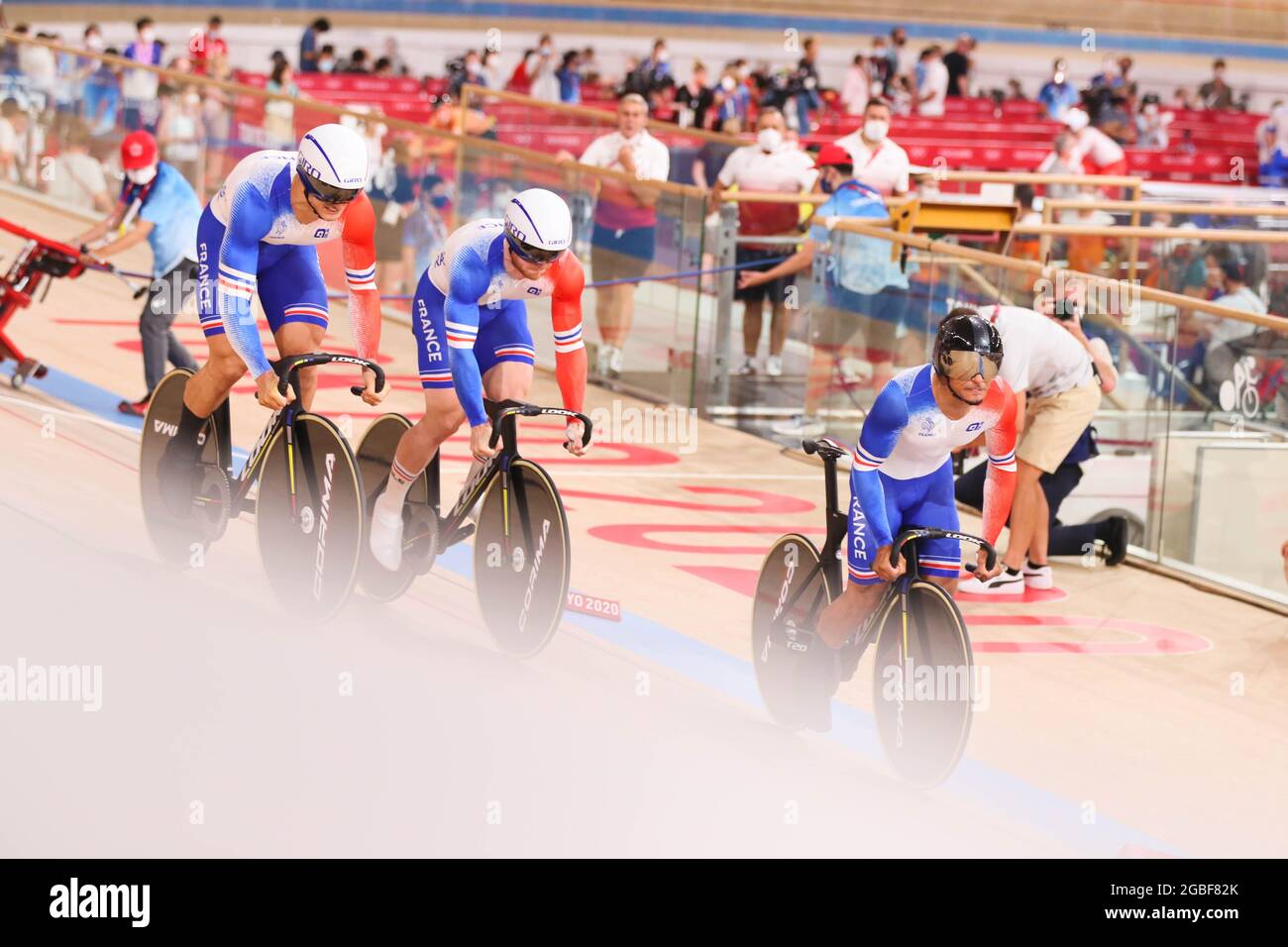 Shizuoka, Japon. 3 août 2021. Florian Grengbo (FRA), Sébastien Vigier (FRA), Rayan Helal (FRA) Cyclisme : l'équipe masculine Sprint 1er tour lors des Jeux Olympiques de Tokyo 2020 au Vélodrome d'Izu à Shizuoka, Japon . Credit: Shuraro Mochizuki/AFLO/Alamy Live News Banque D'Images