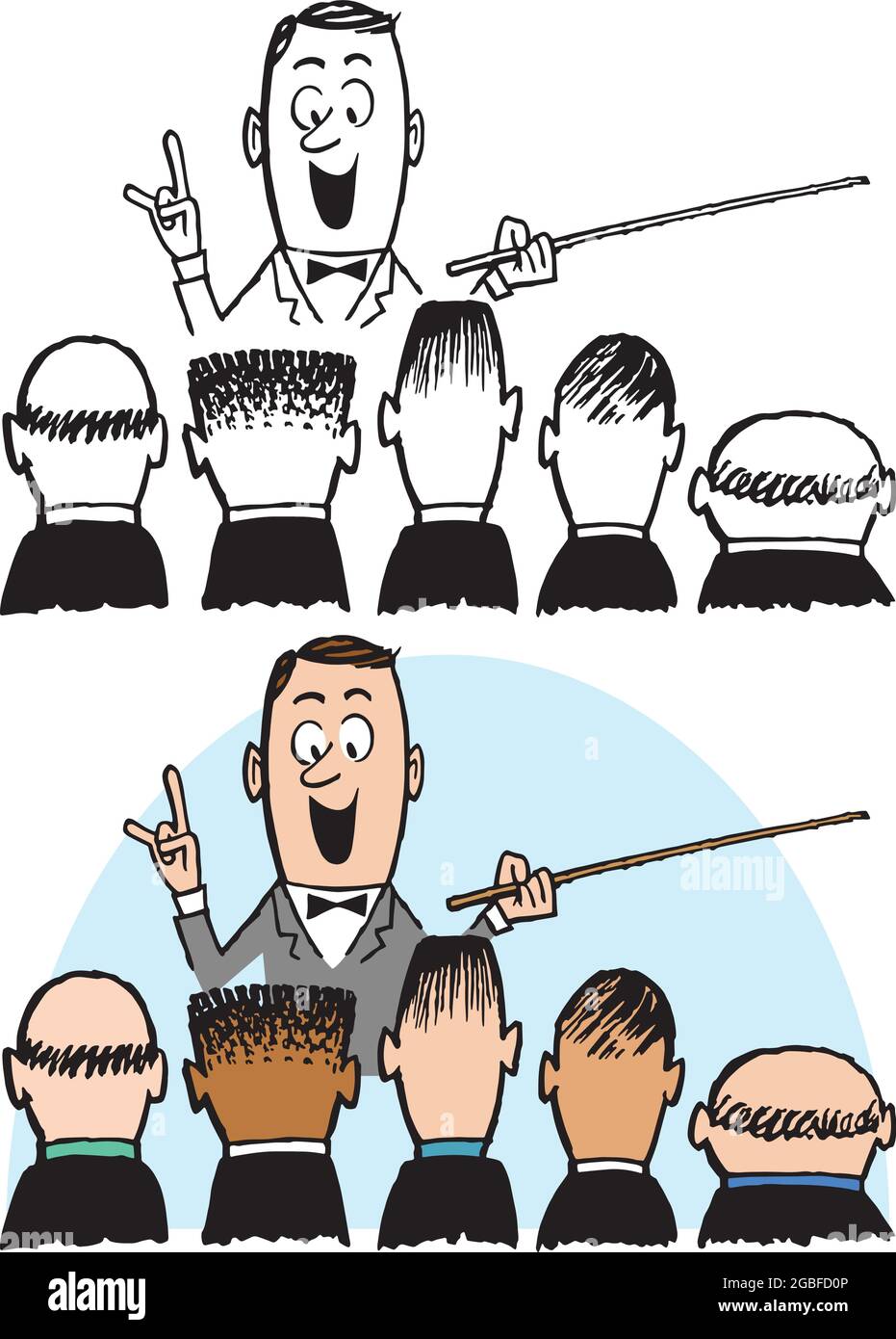 Un dessin animé rétro vintage d'un homme donnant une conférence à un groupe d'hommes. Illustration de Vecteur