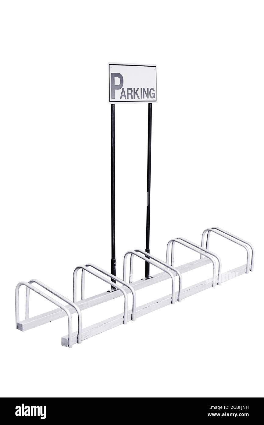 Parking vélo en acier isolé sur fond blanc, avec passe-vélo. Banque D'Images