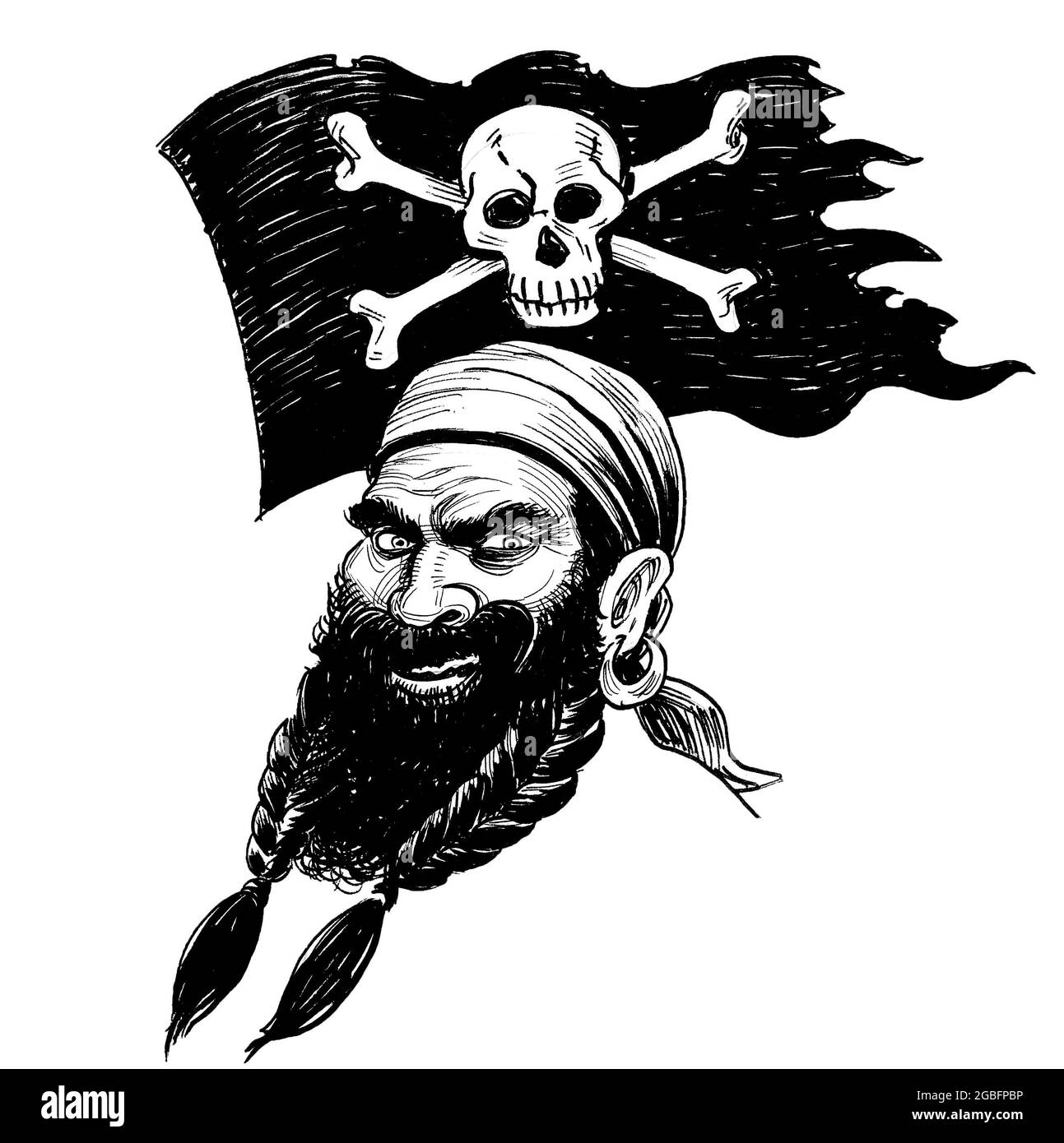 Capitaine de pirate fou et drapeau de pirate. Dessin noir et blanc Banque D'Images