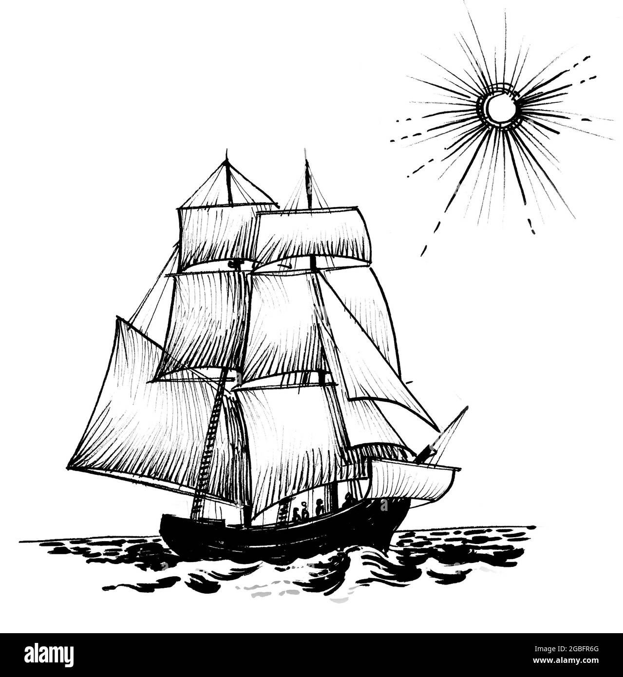 Bateau à voile dans la mer. Dessin noir et blanc Banque D'Images