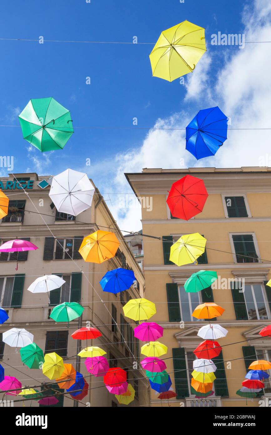 Parasols flottants aux couleurs vives, Gênes, Ligurie, Italie Banque D'Images