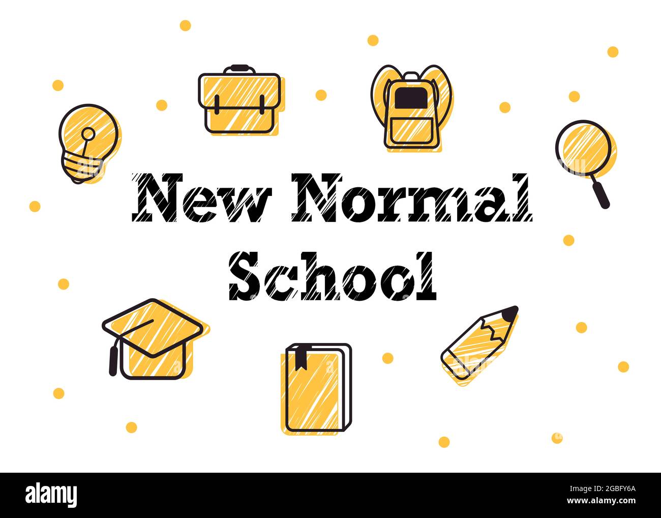 de nouvelles icônes jaunes normales d'école comme un crayon, des livres, un sac, une lampe et une loupe sur fond blanc Illustration de Vecteur