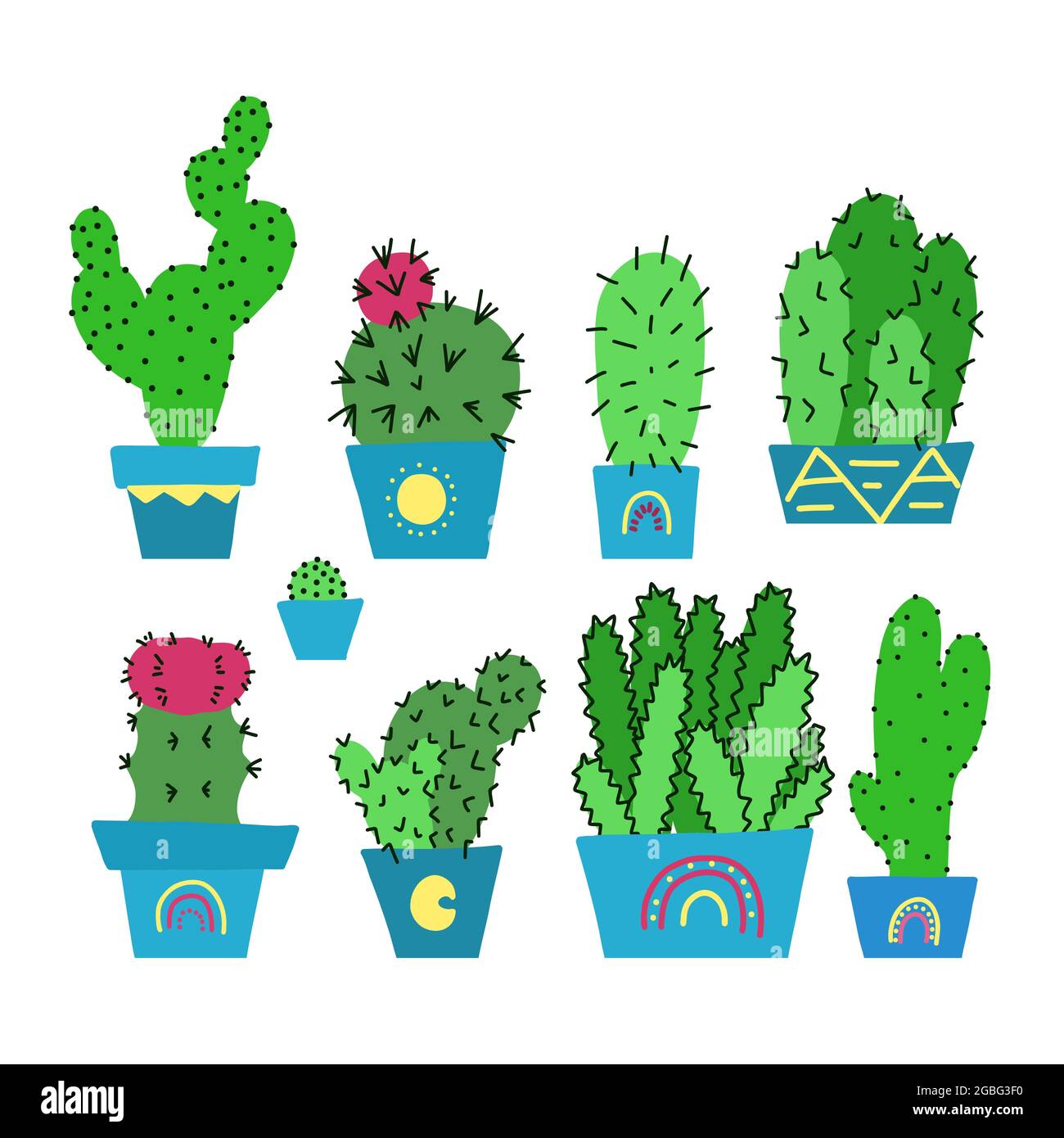 Ensemble de cactus verts dessinés à la main avec des épines dans des pots. Fleurs maison pour la décoration de la chambre. Plantes en pot à dessin animé vectoriel. Objets naturels pour l'autocollant Illustration de Vecteur