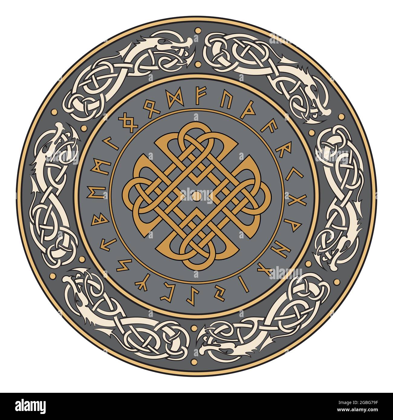 Bouclier viking, décoré avec un motif scandinave de dragons et de runes scandinaves Illustration de Vecteur
