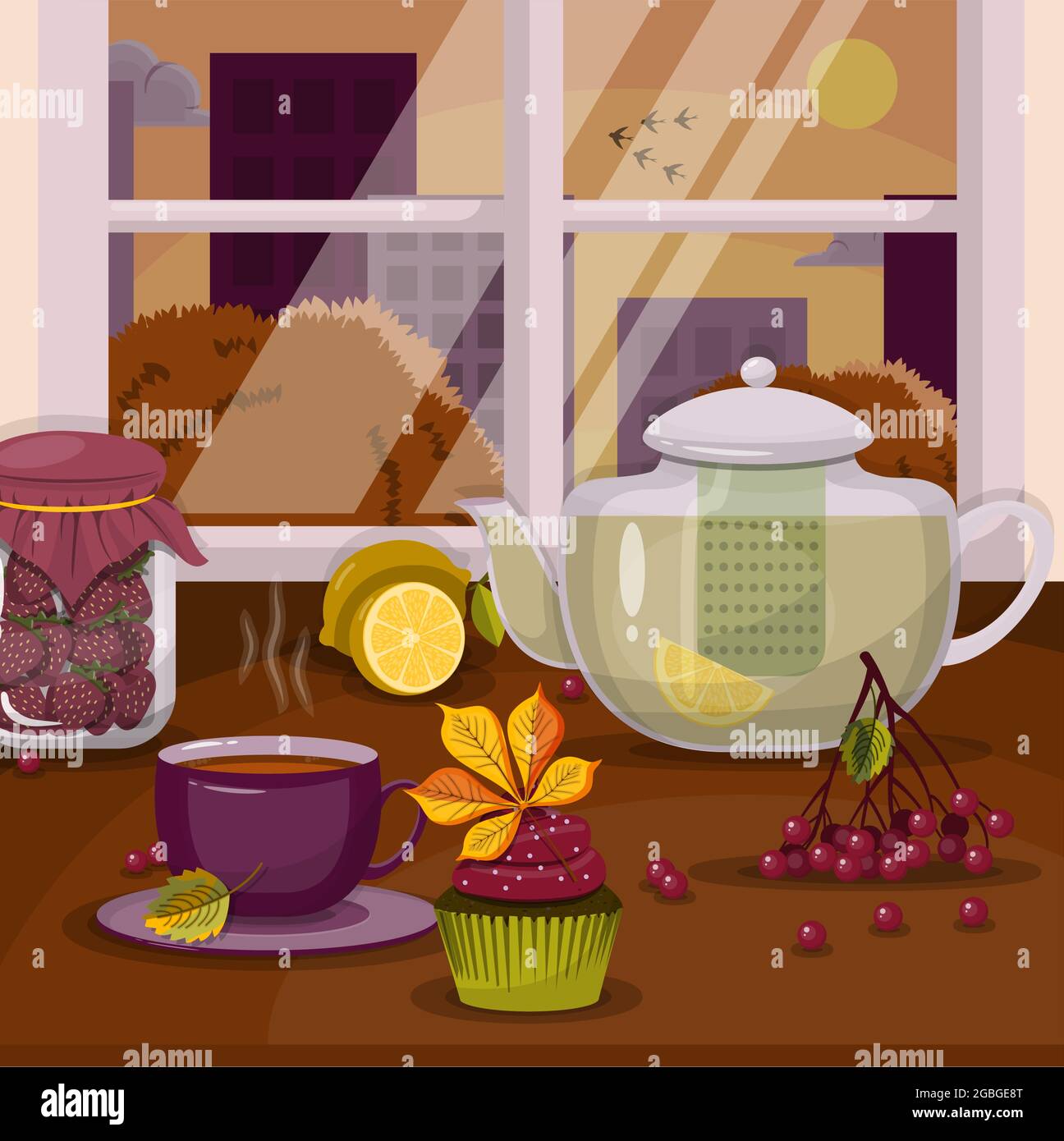 Vecteur d'automne encore la vie. Une théière, une tasse et un cupcake sur le rebord de la fenêtre avec un paysage d'automne Thanksgiving jour Illustration de Vecteur