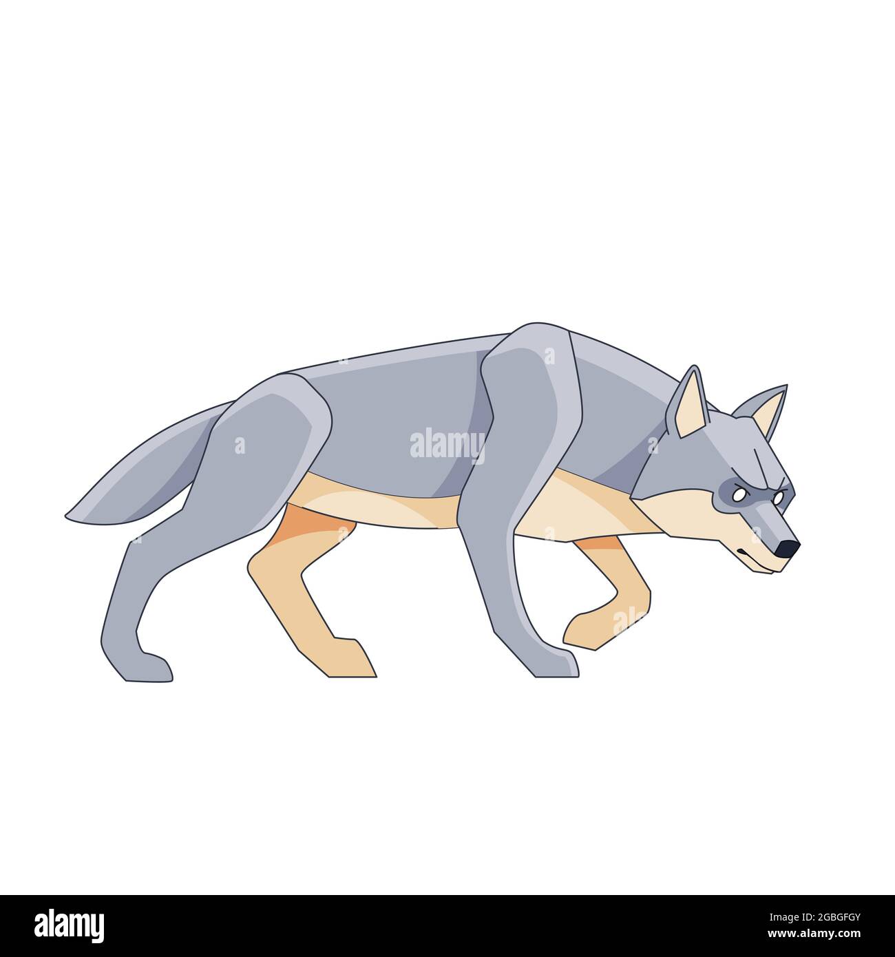 Loup à la chasse. Canis lupus. Personnage de dessin animé d'un animal mammifère dangereux. Une créature sauvage de la forêt à fourrure grise. Vue latérale. Vecteur plat Illustration de Vecteur