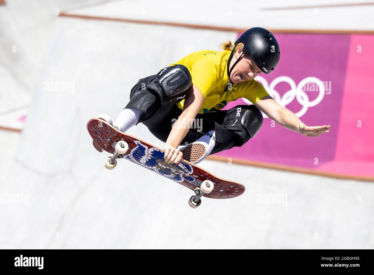 Tokyo, Japon, 4/08/21TÓQUIO, TO - 04.08.2021: TOKYO Jeux Olympiques de 2020  TOKYO - le patineur australien Poppy Olsen pendant le skate (Park mod) aux  Jeux Olympiques de Tokyo de 2020 tenus en