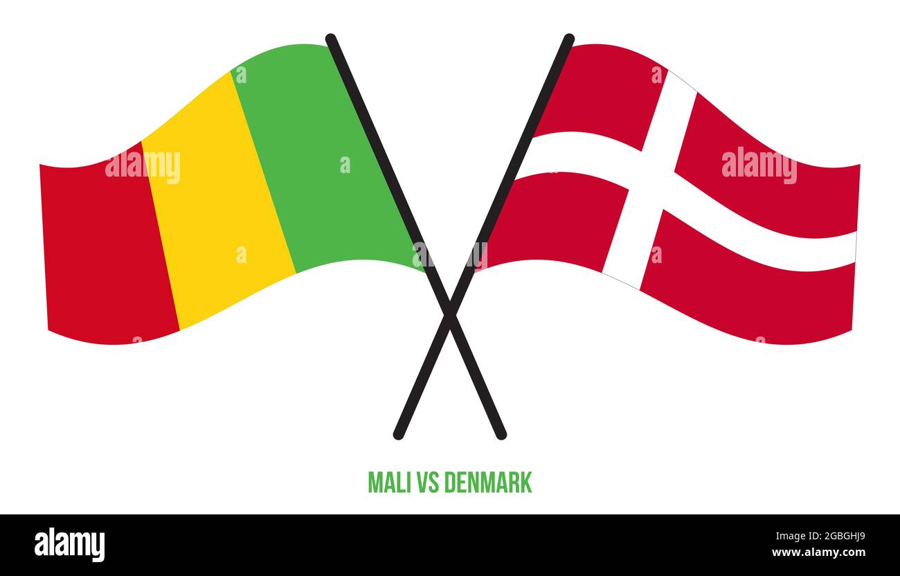 Mali et Danemark drapeaux croisés et ondulant le style plat. Proportion officielle. Corriger les couleurs. Banque D'Images