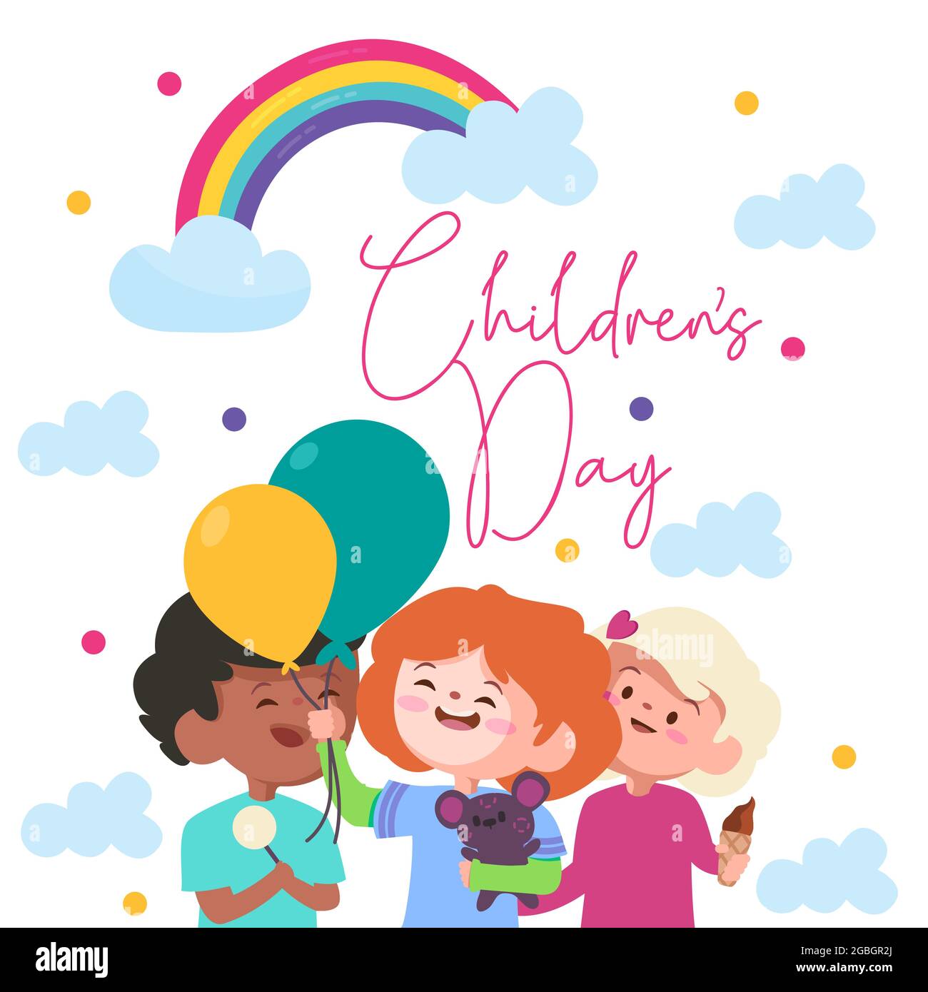 célébration de la journée des enfants avec un arc-en-ciel coloré avec les nuages bleus et trois enfants avec des ballons verts et jaunes Illustration de Vecteur