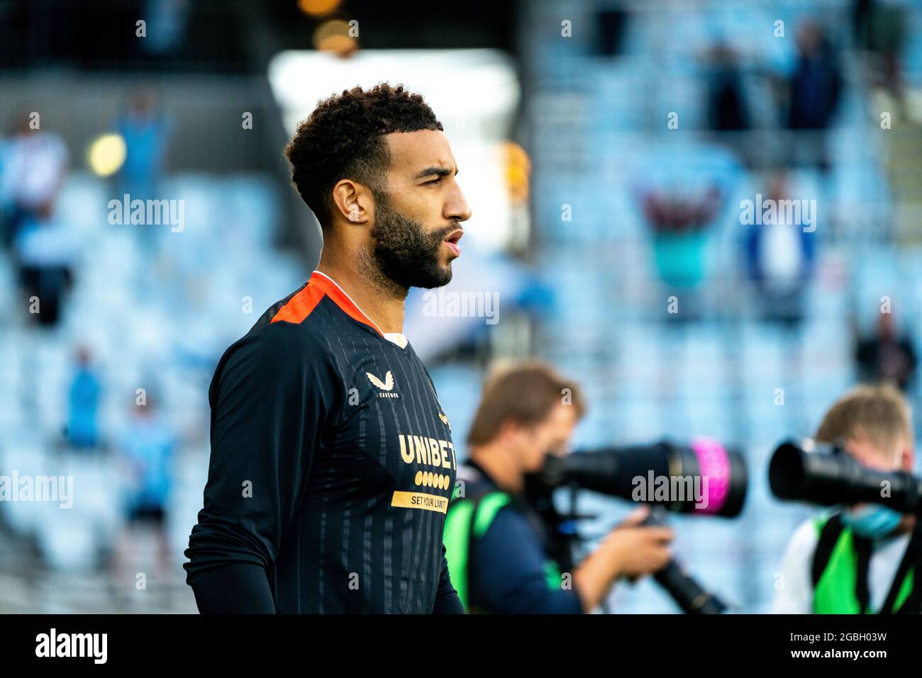 Malmö, Suède. 03ème août 2021. Connor Goldson (6) du FC Rangers entre sur le terrain pour le match de qualification de la Ligue des champions entre Malmö FF et le FC Rangers à Eleda Stadion à Malmö. (Crédit photo : Gonzales photo/Alamy Live News Banque D'Images