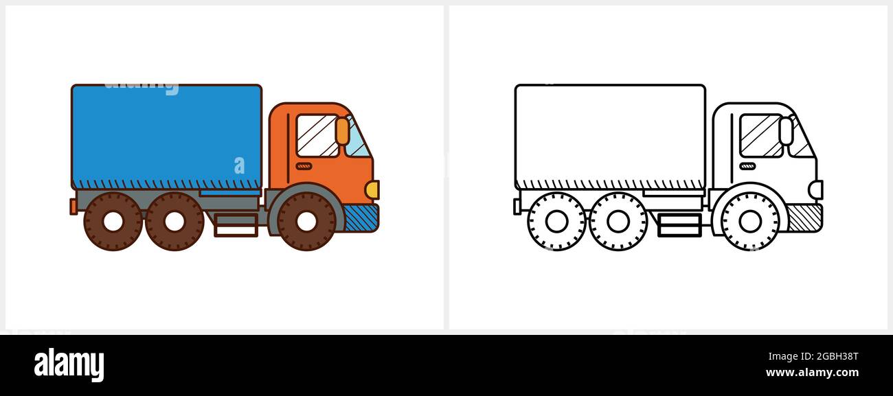 Page de coloriage pour camions pour enfants. Vue latérale du chariot Illustration de Vecteur