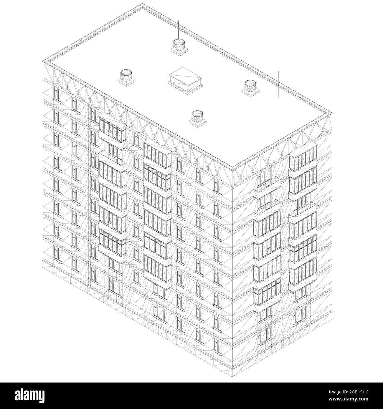 Contour d'un immeuble résidentiel de plusieurs étages à partir de lignes noires isolées sur un fond blanc. Vue isométrique. 3D. Illustration vectorielle. Illustration de Vecteur
