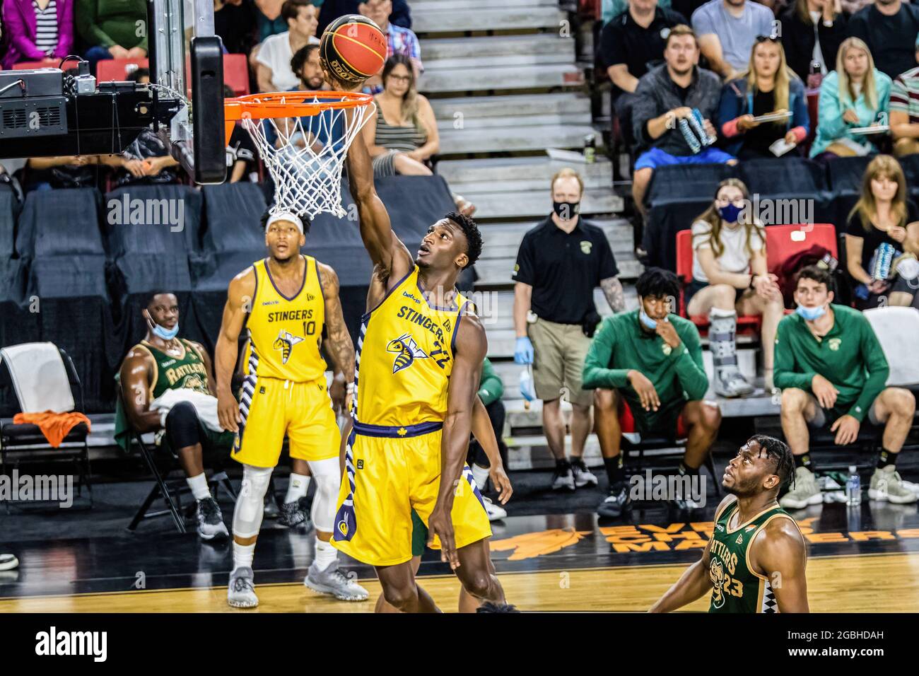 Edmonton, Canada. 02 août 2021. Kareem Archer (22) d'Edmonton Stingers vu en action pendant le match de la Ligue canadienne de basket-ball élite de 2021 entre Saskatchewan Rattlers et Edmonton Stingers au Edmonton Expo Centre. (Note finale; Saskatchewan Rattlers 78:85 Edmonton Stingers) (photo de Ron Palmer/SOPA Images/Sipa USA) crédit: SIPA USA/Alay Live News Banque D'Images