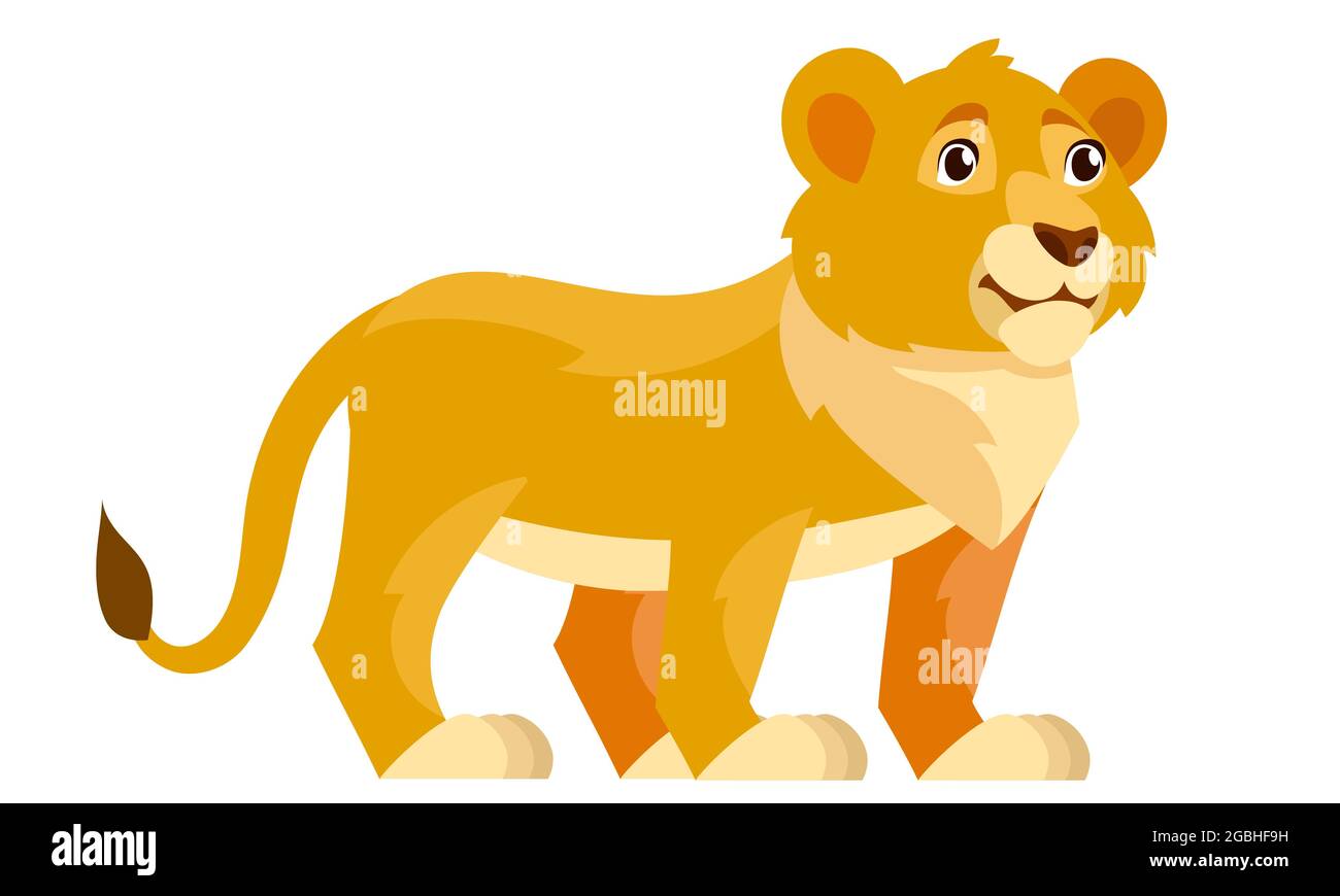 Vue de trois quarts du Lion cub. Animal africain de style caricature. Illustration de Vecteur