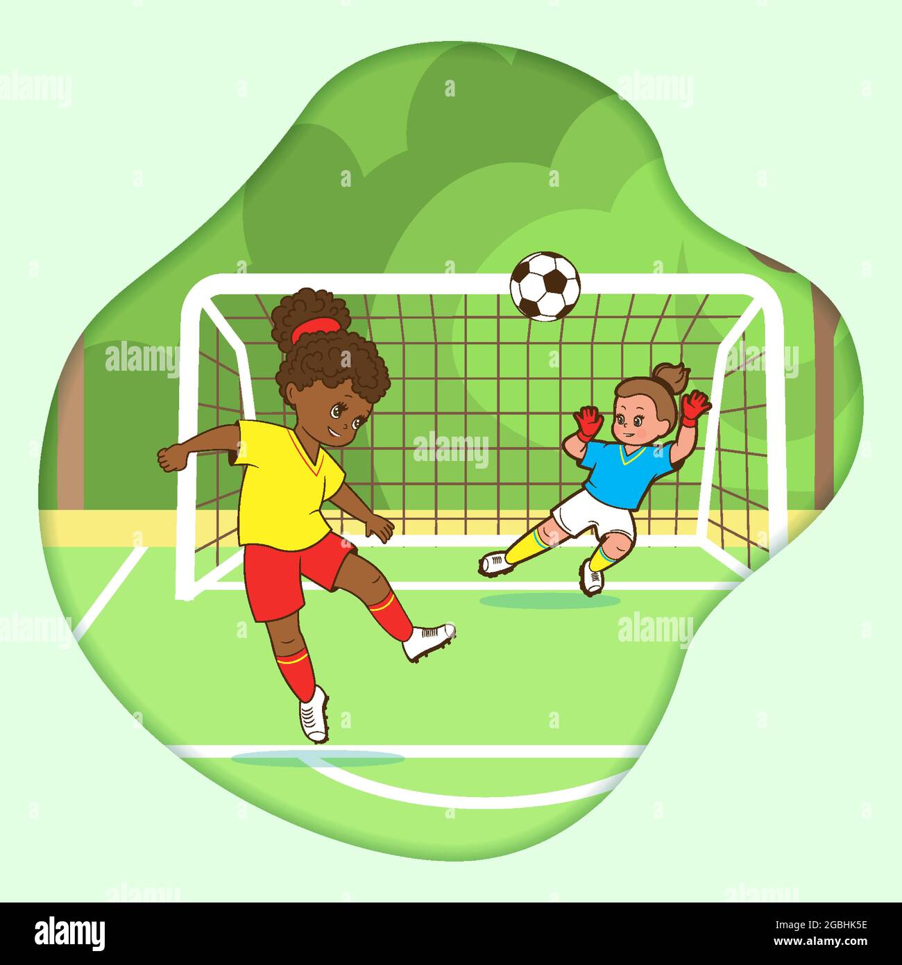 Carte postale, deux filles de football kicking le ballon dans le but de football. Illustration vectorielle de style dessin animé, dessin à plat de contour pour les enfants Illustration de Vecteur