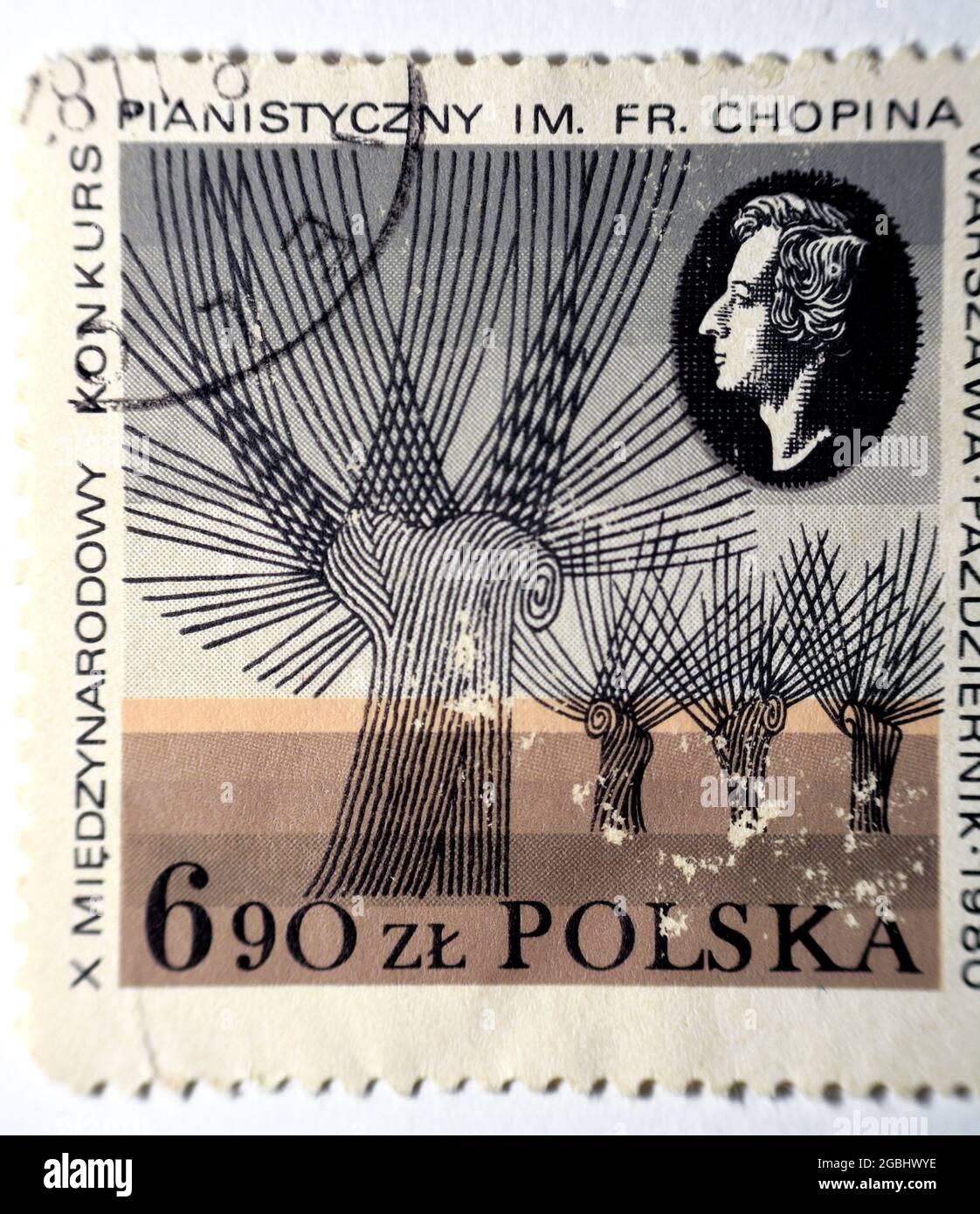 Un timbre-poste imprimé en Pologne montre le compositeur polonais Fryderyk Chopin (1810-1849), dédié au Concours International de Piano-Playing Chopin i Banque D'Images