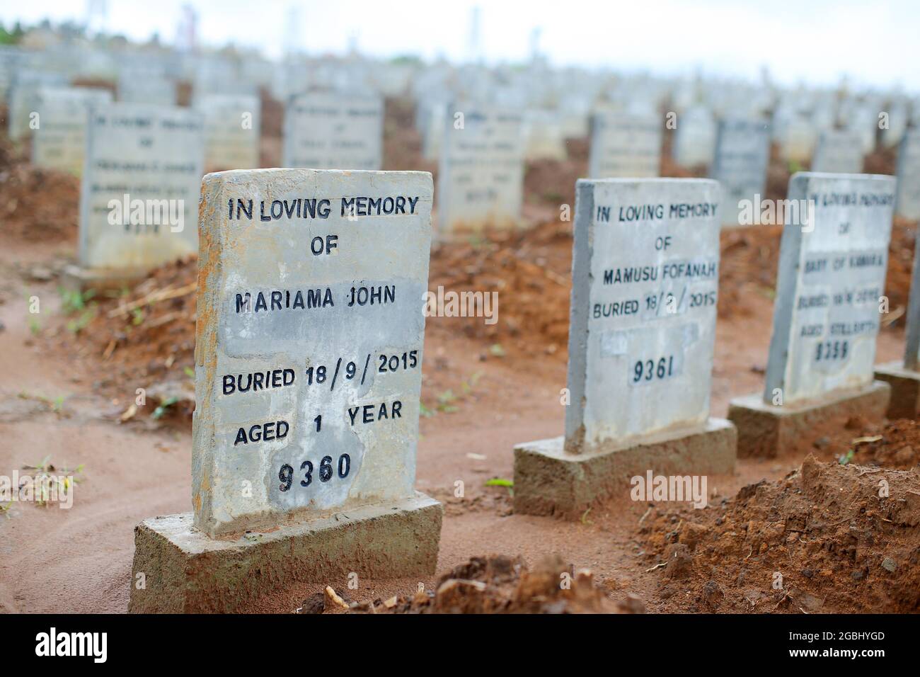 Cimetière de Paloko Road à Waterloo, à l'extérieur de Freetown, en Sierra Leone, en Afrique de l'Ouest. La zone est devenue le principal lieu de sépulture lors de l'épidémie d'Ebola de 2015. Banque D'Images