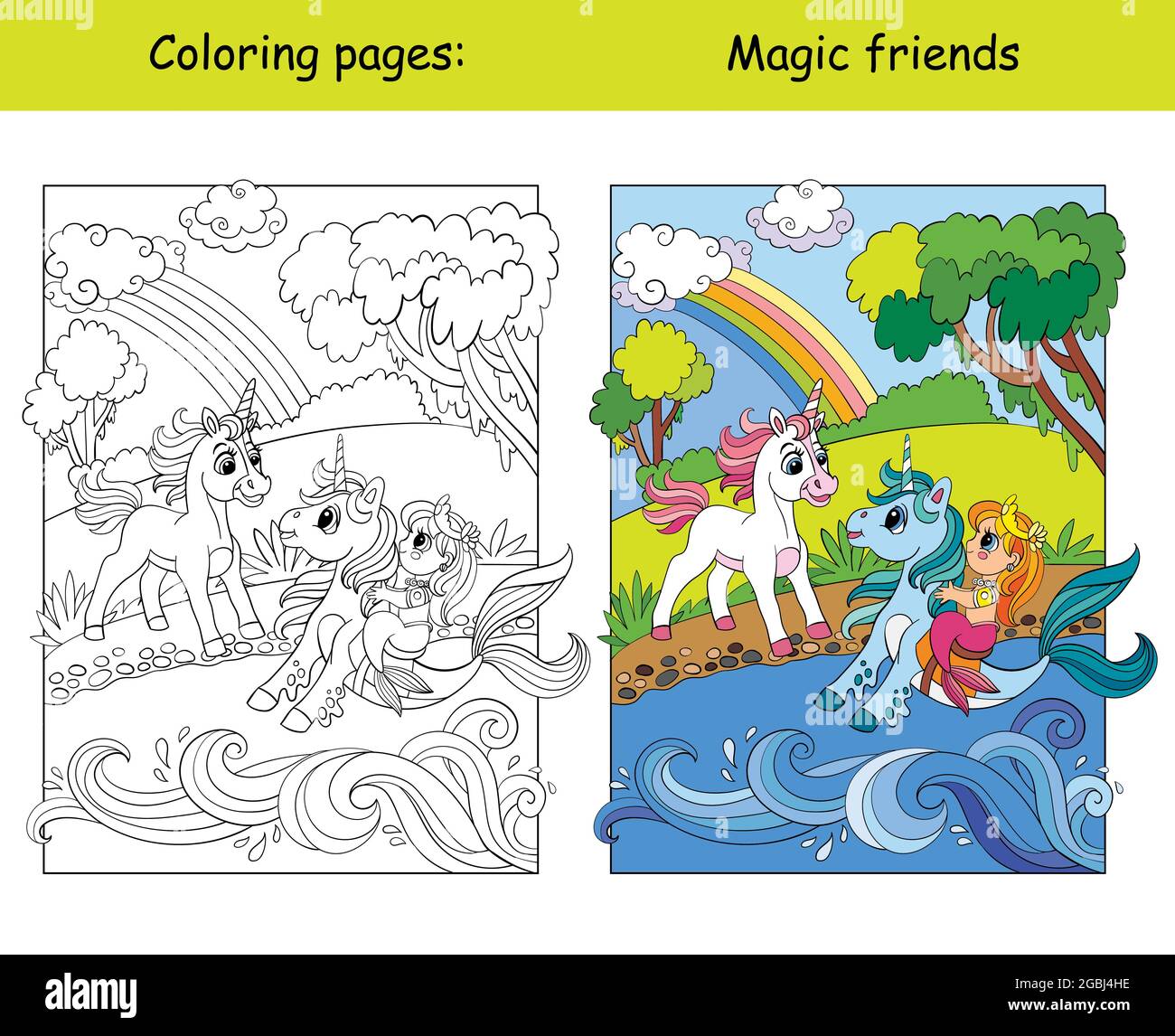 Une jolie licorne a rencontré une sirène sur un hippocampe. Page de livre de coloriage pour les enfants avec modèle coloré. Illustration vectorielle isolée. Pour colorier b Illustration de Vecteur