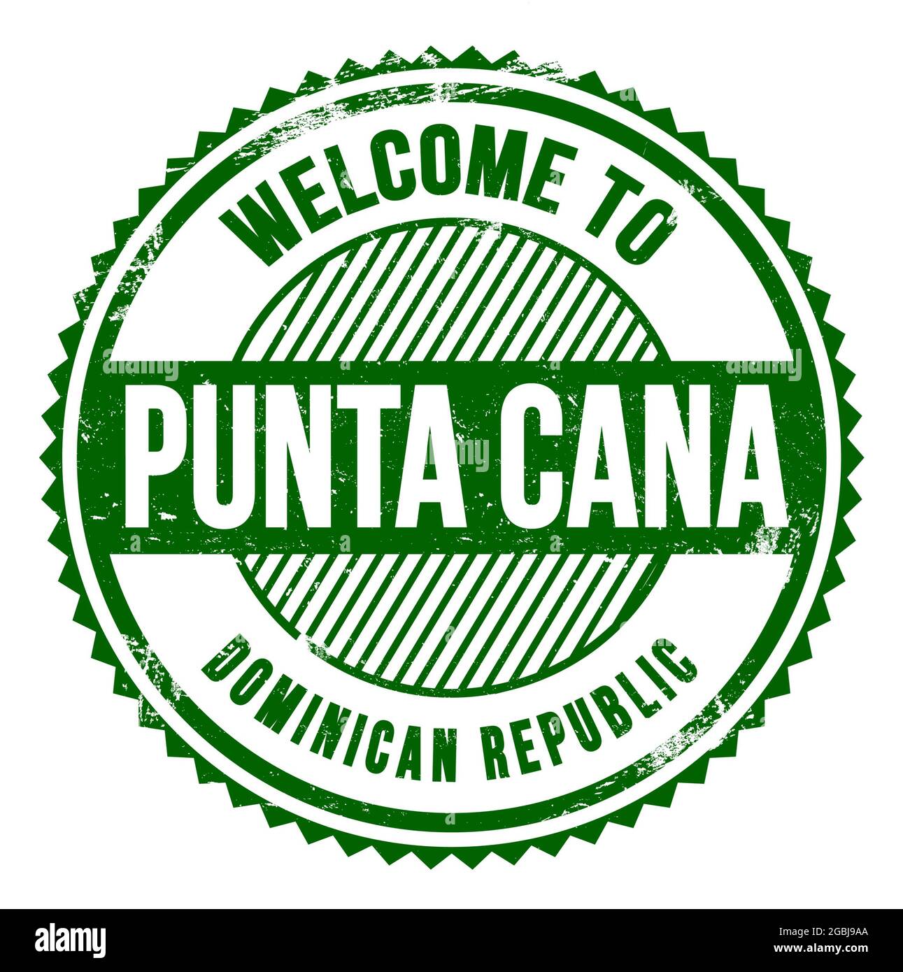 BIENVENUE À PUNTA CANA - RÉPUBLIQUE DOMINICAINE, mots écrits sur le timbre vert en zigzag Banque D'Images